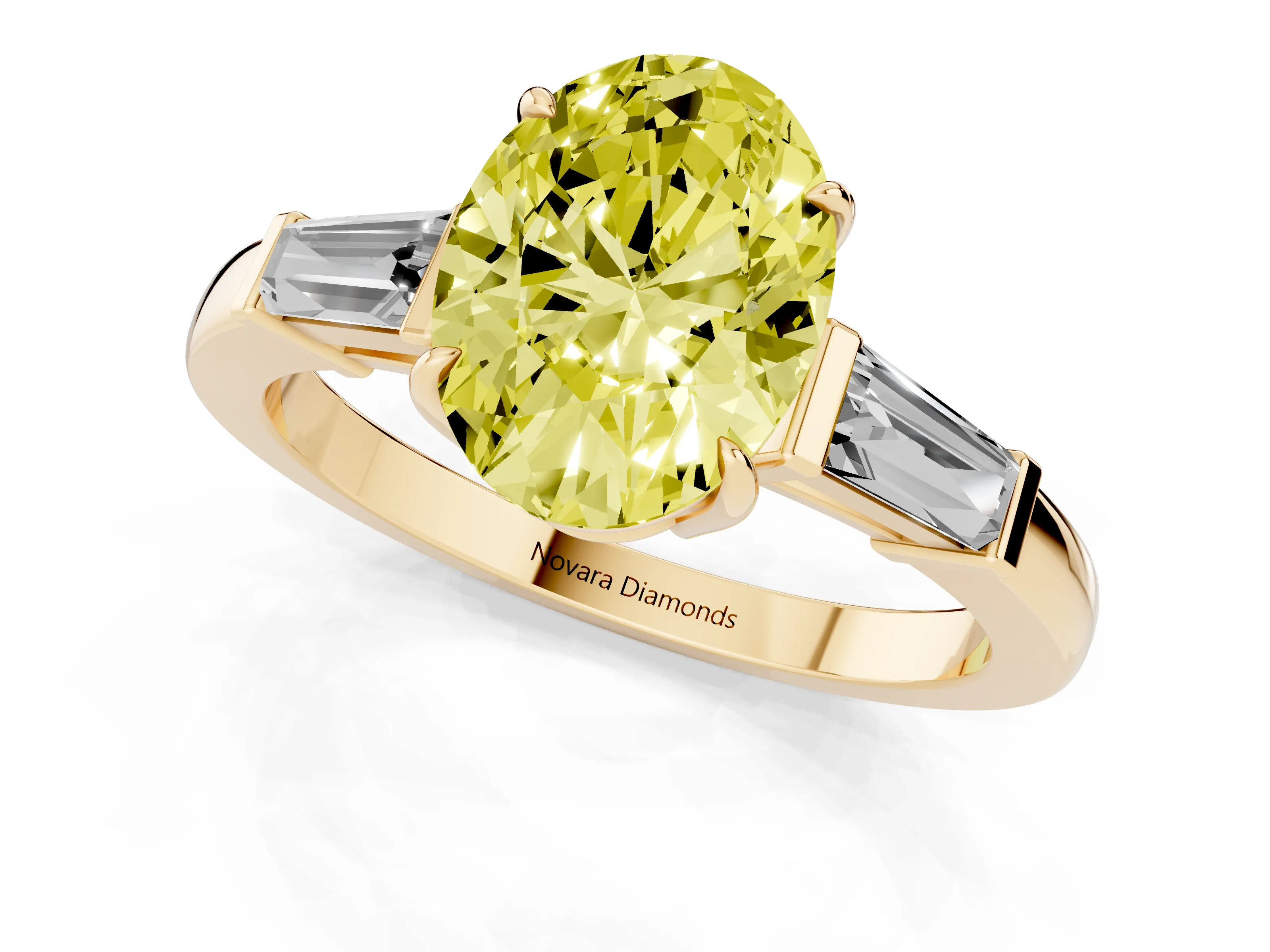 Fancy Yellow Oval Cut Diamond Three-Stone Ring Set in Yellow gold with Tapered Baguette Side Stones and Prong Setting