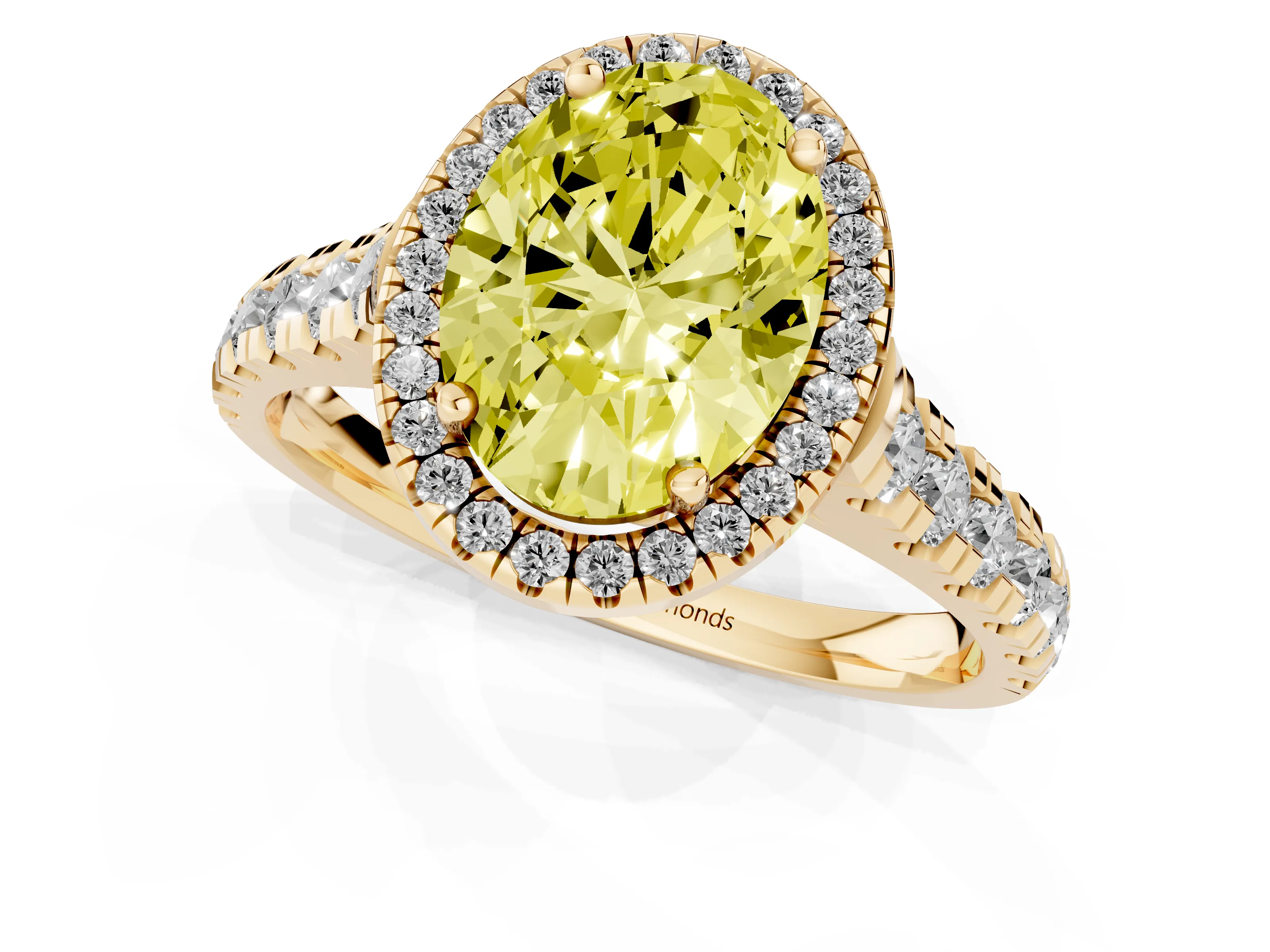 Fancy Yellow Oval Cut Diamond Halo Engagement Ring Set in Yellow gold with Pavé Band and Prong-Set Center