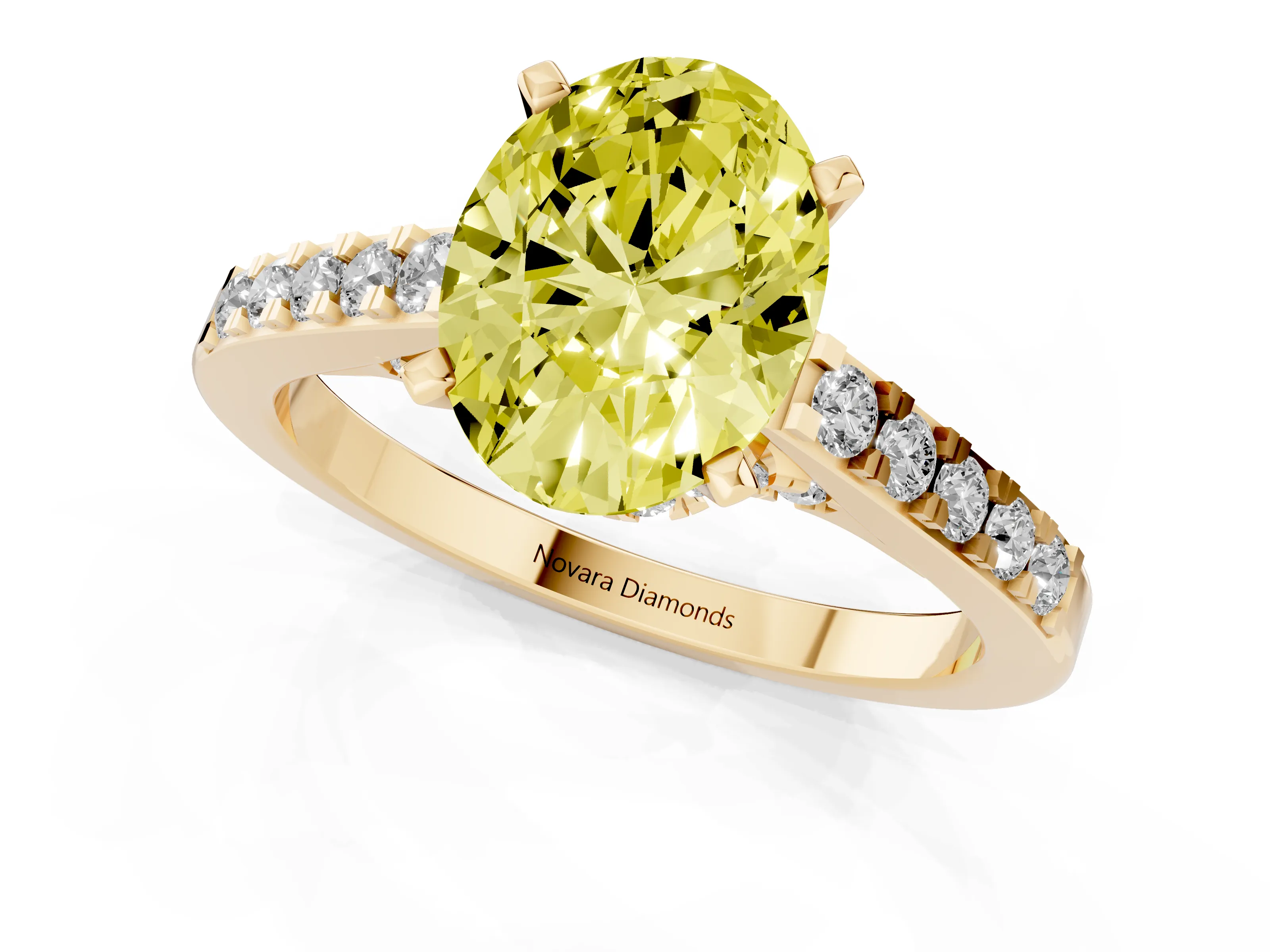 Fancy Yellow Oval Cut Diamond Solitaire Ring Set in Yellow gold with Crossover Gallery and Round Pavé Band