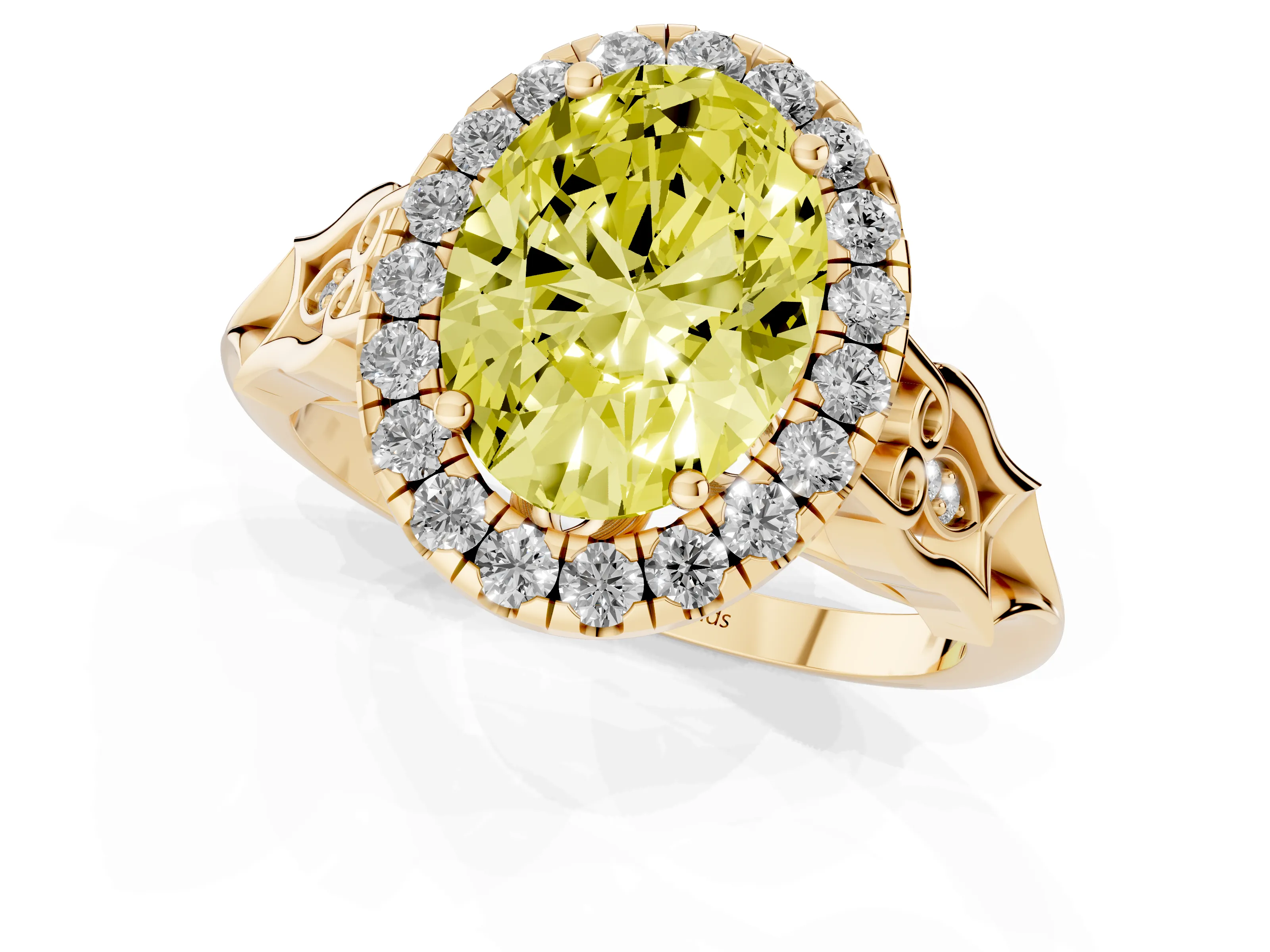 Fancy Yellow Oval Cut Diamond Halo Engagement Ring Set in Yellow gold with Filigree Band and Prong-Set Center