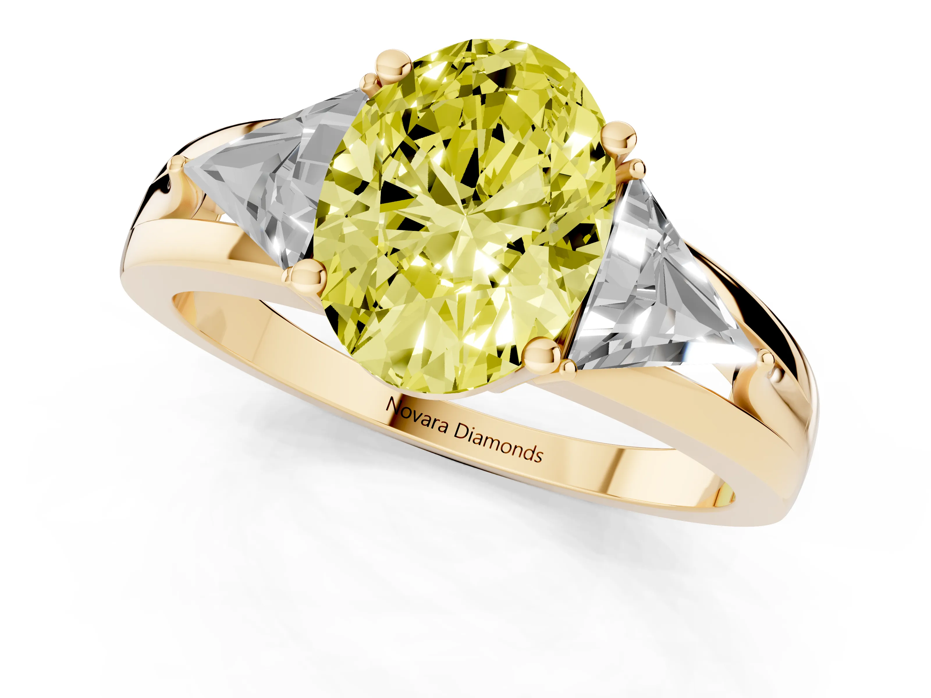 Fancy Yellow Oval Cut Diamond Three-Stone Ring Set in Yellow gold with Trillion Side Stones and Split Shank