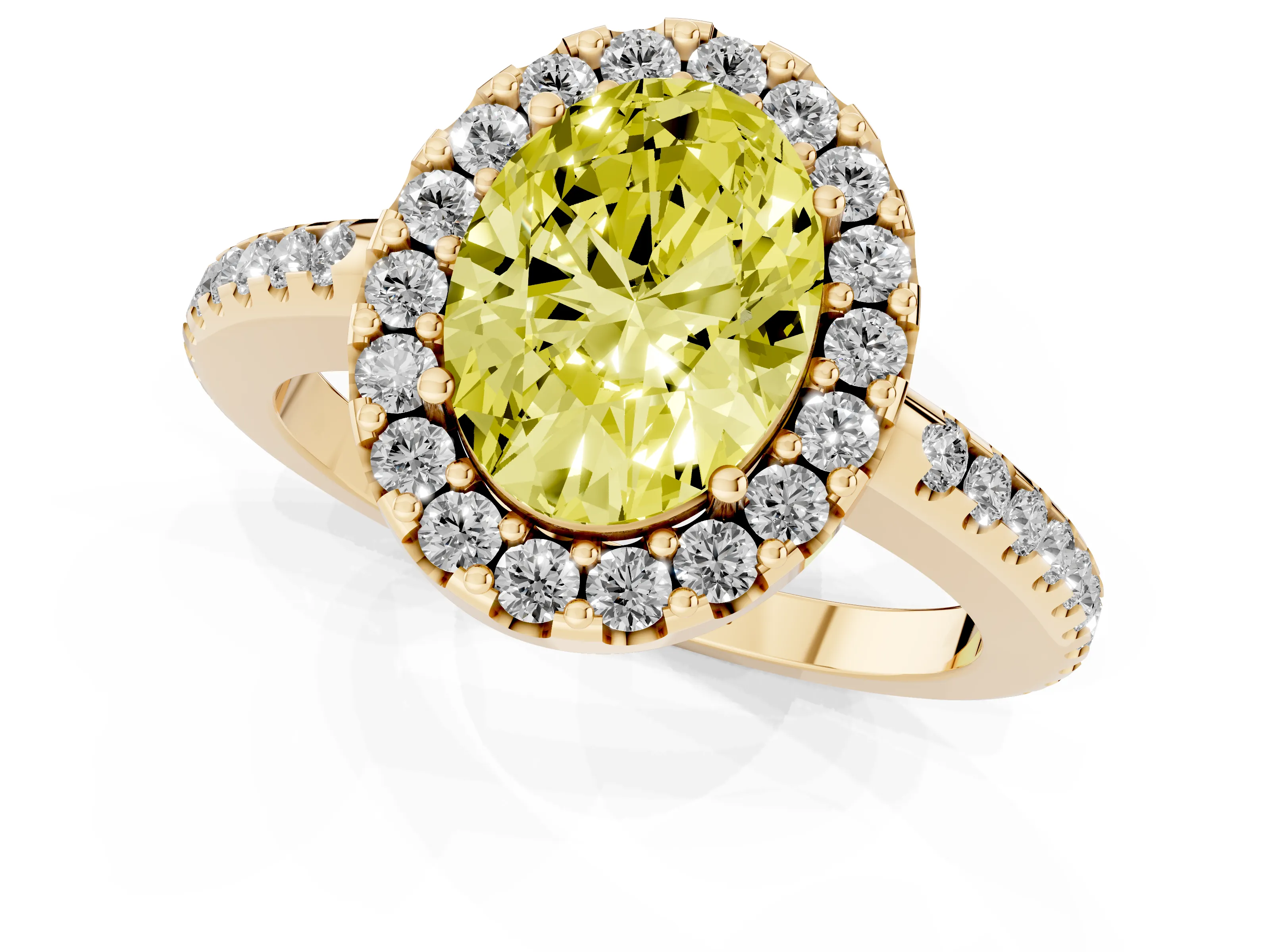 Fancy Yellow Oval Cut Diamond Pavé Halo Ring Set in Yellow gold with Prong Setting