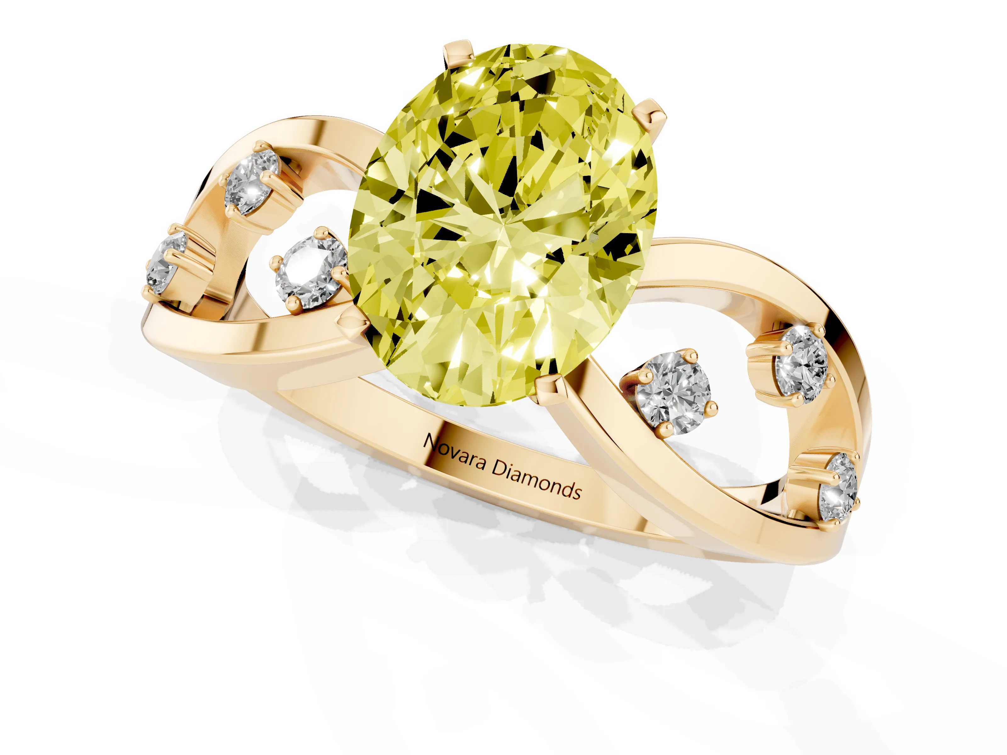 Fancy Yellow Oval Cut Diamond Solitaire Ring Set in Yellow gold with Side Stones on Criss-Cross Band and Prong Setting