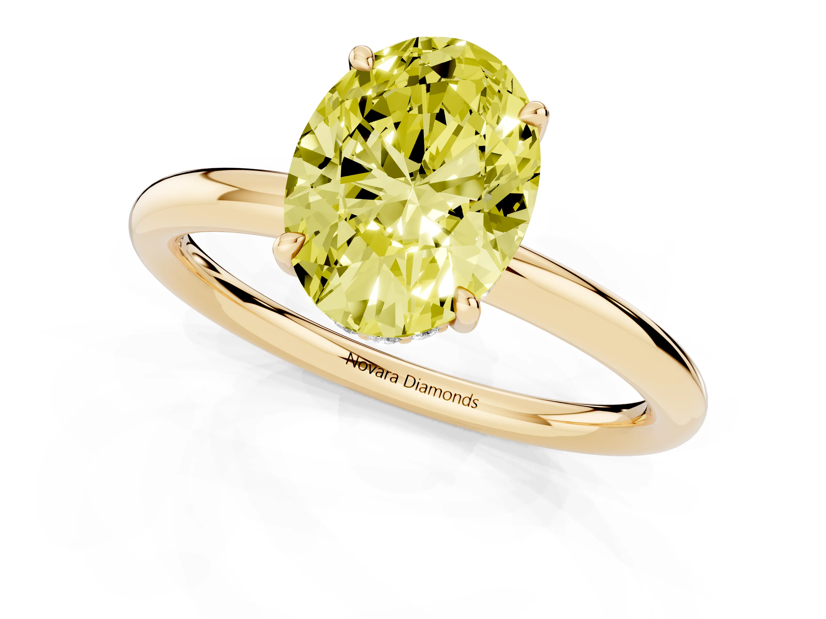 Fancy Yellow Oval Cut Diamond Solitaire Ring Set in Yellow gold with Thin Band and Prong Setting