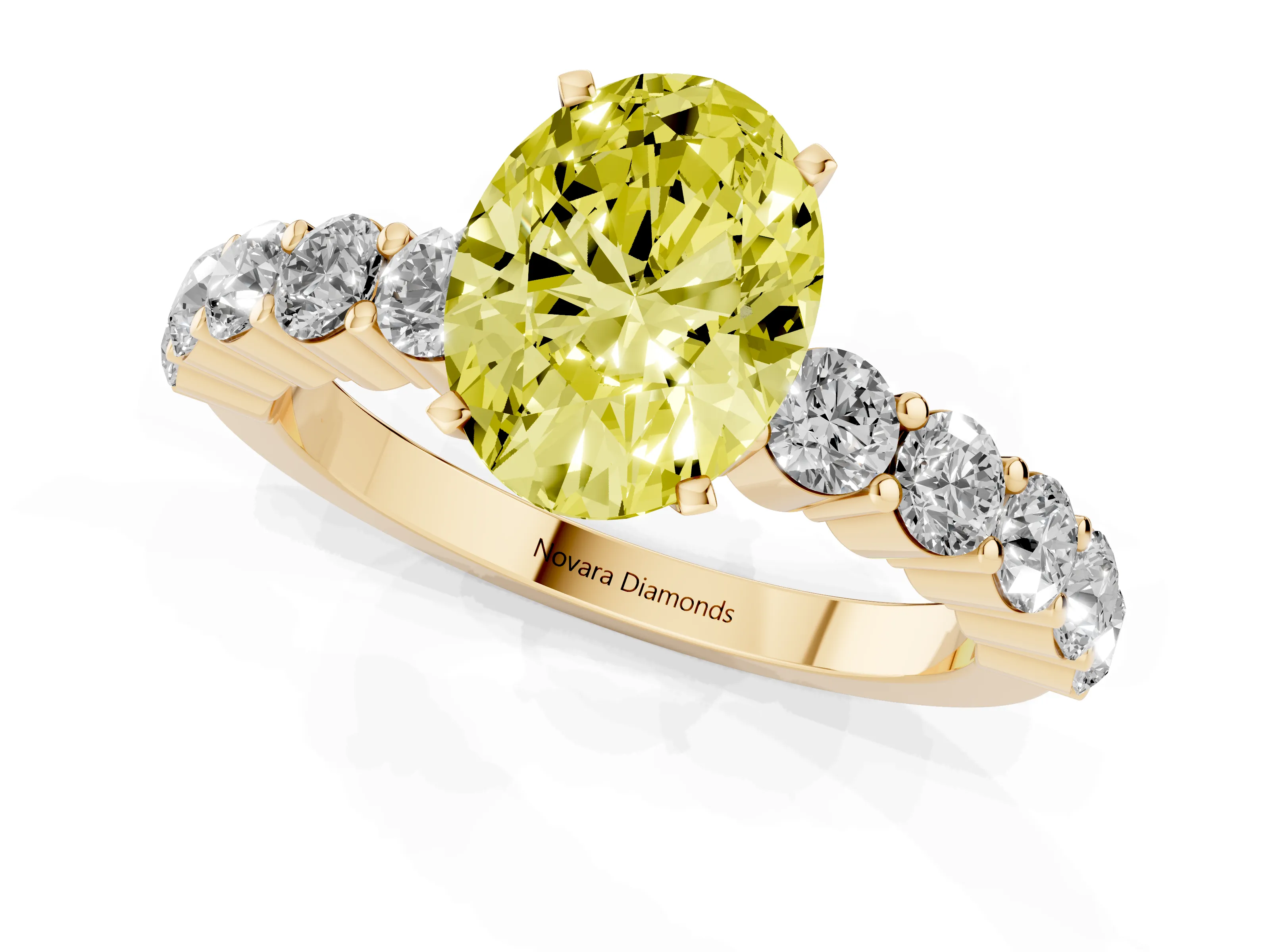 Fancy Yellow Oval Cut Diamond Solitaire Ring Set in Yellow gold with Shared Prong Round Side Stones