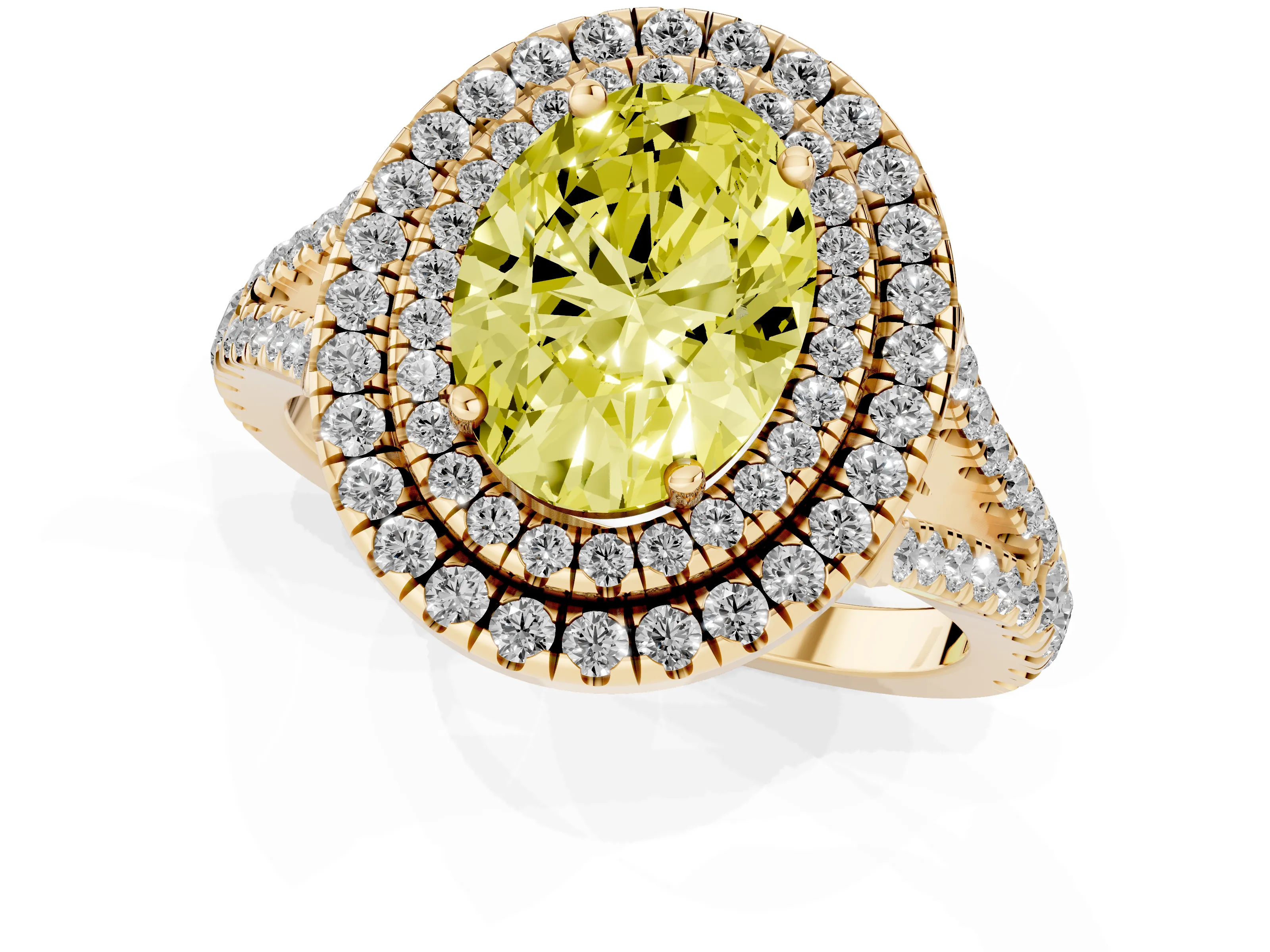Fancy Yellow Oval Cut Diamond Double Halo Ring Set in Yellow gold with Pavé Band