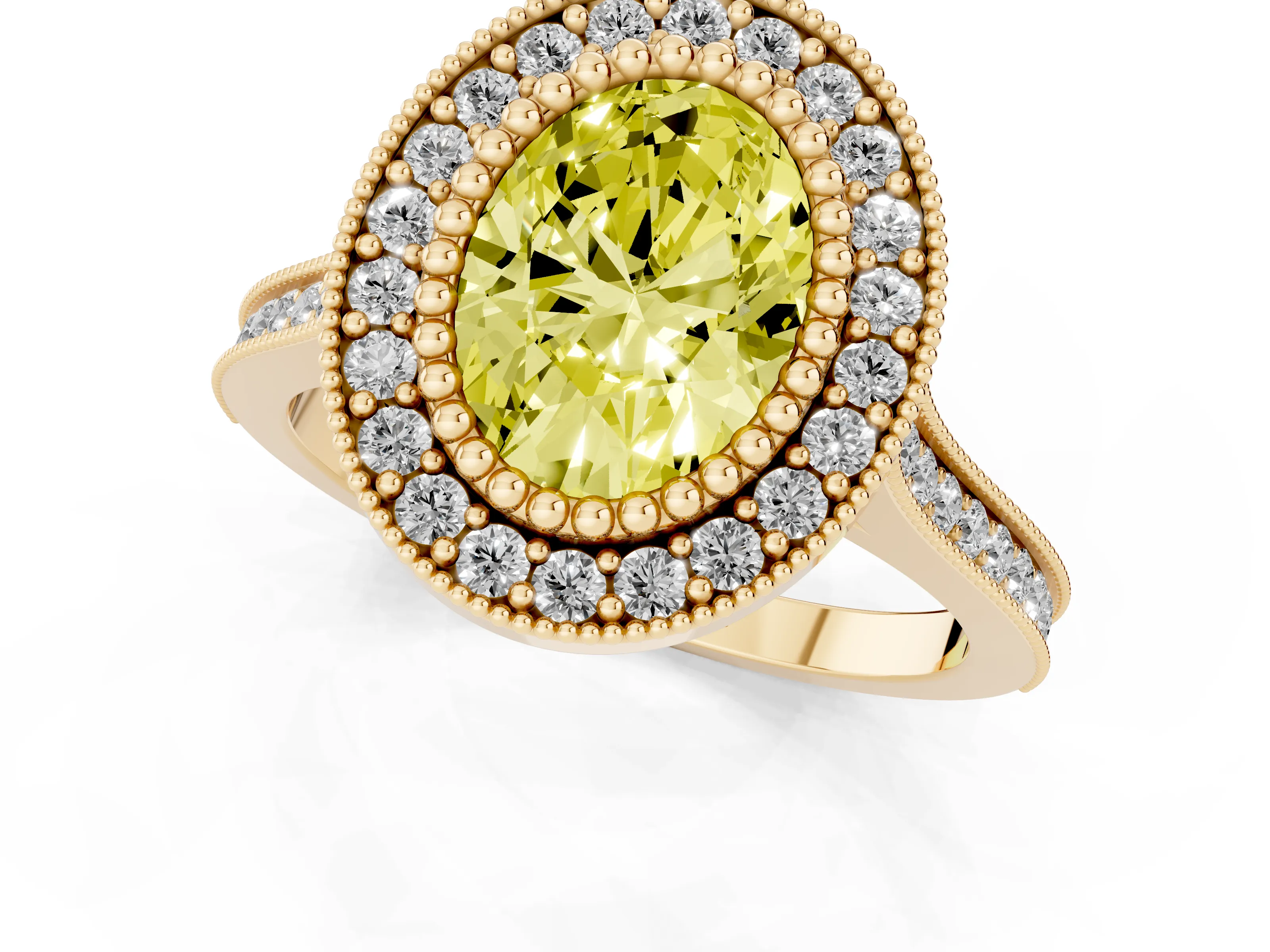 Fancy Yellow Oval Cut Diamond Halo Ring Set in Yellow gold with Milgrain Frame and Pavé Band