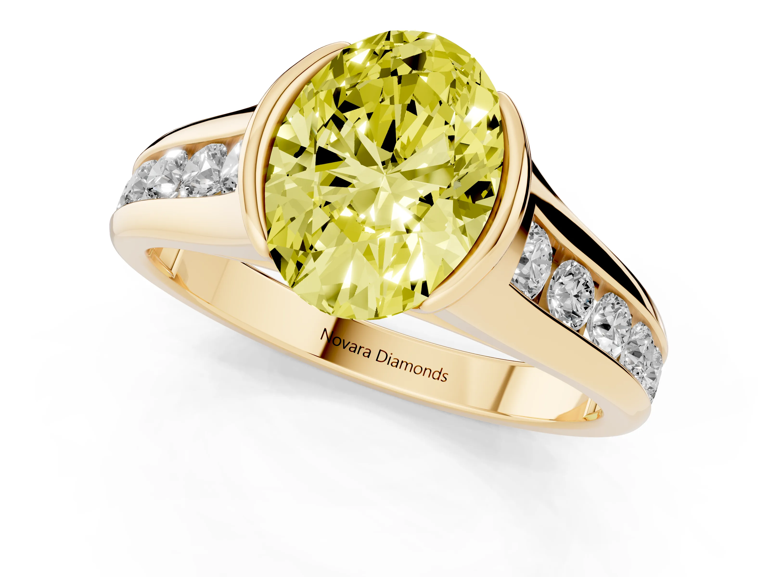 Fancy Yellow Oval Cut Diamond Bezel-Set Solitaire Ring Set in Yellow gold with Channel-Set Band