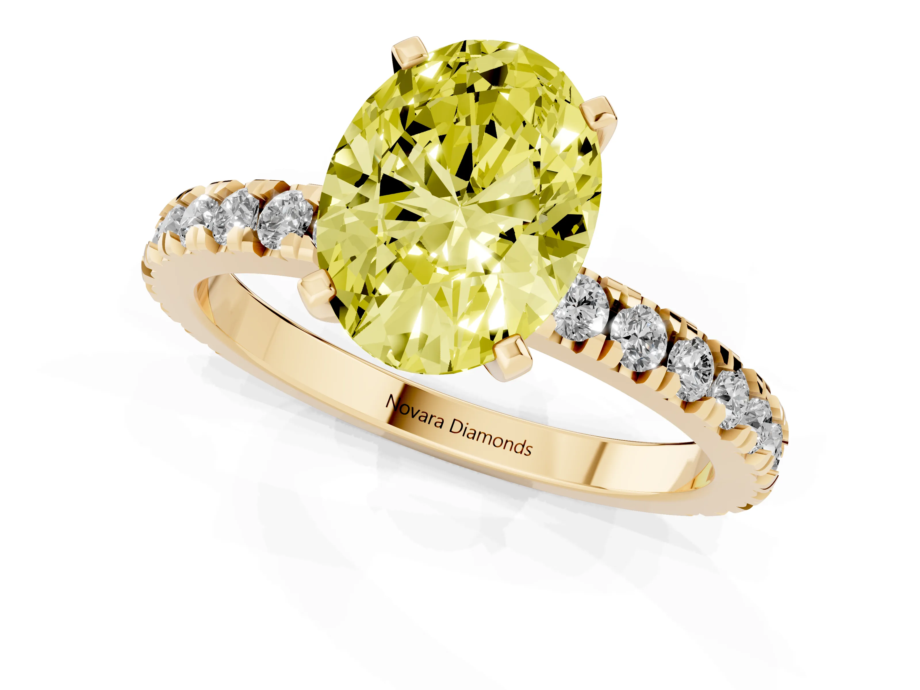 Fancy Yellow Oval Cut Diamond Pavé Band Solitaire Set in Yellow gold with Prong Setting