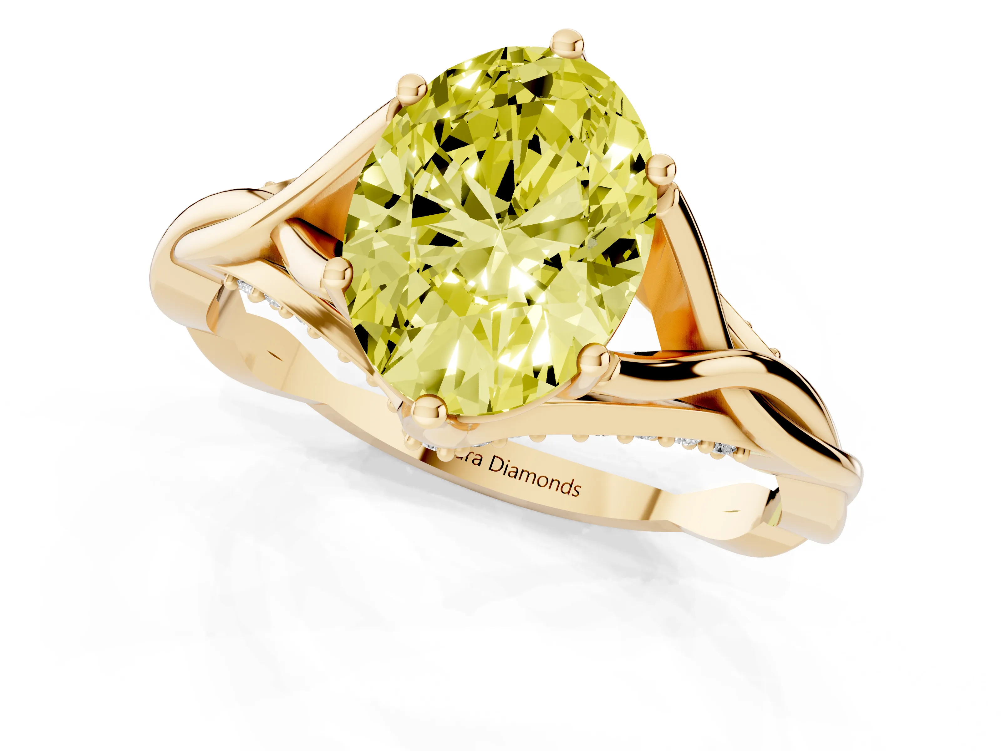 Fancy Yellow Oval Cut Diamond Intertwined Twist Band Solitaire Ring Set in Yellow gold with Prong Setting