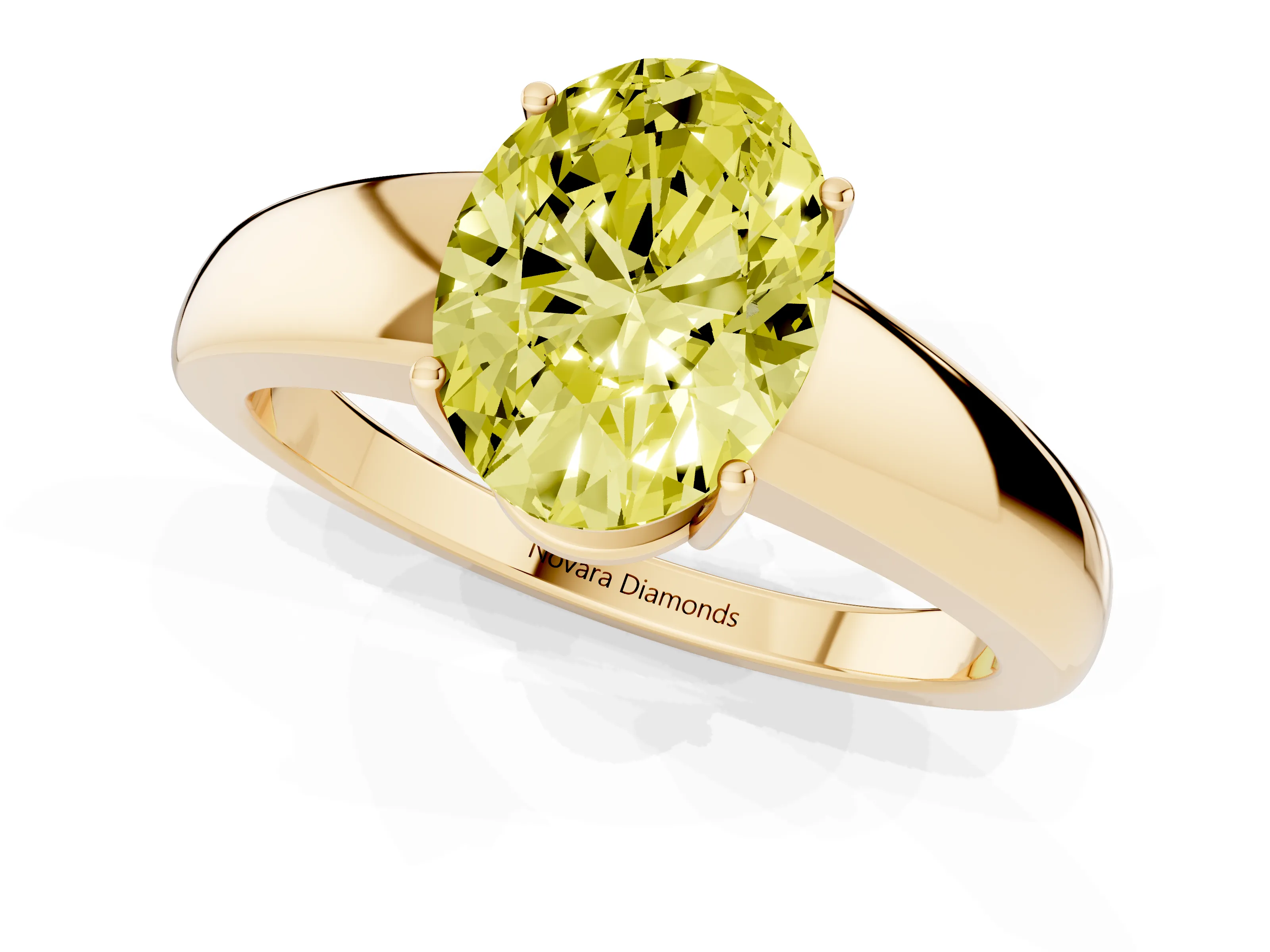 Fancy Yellow Oval Cut Diamond Solitaire Ring Set in Yellow gold with Tapered Band and Prong Setting