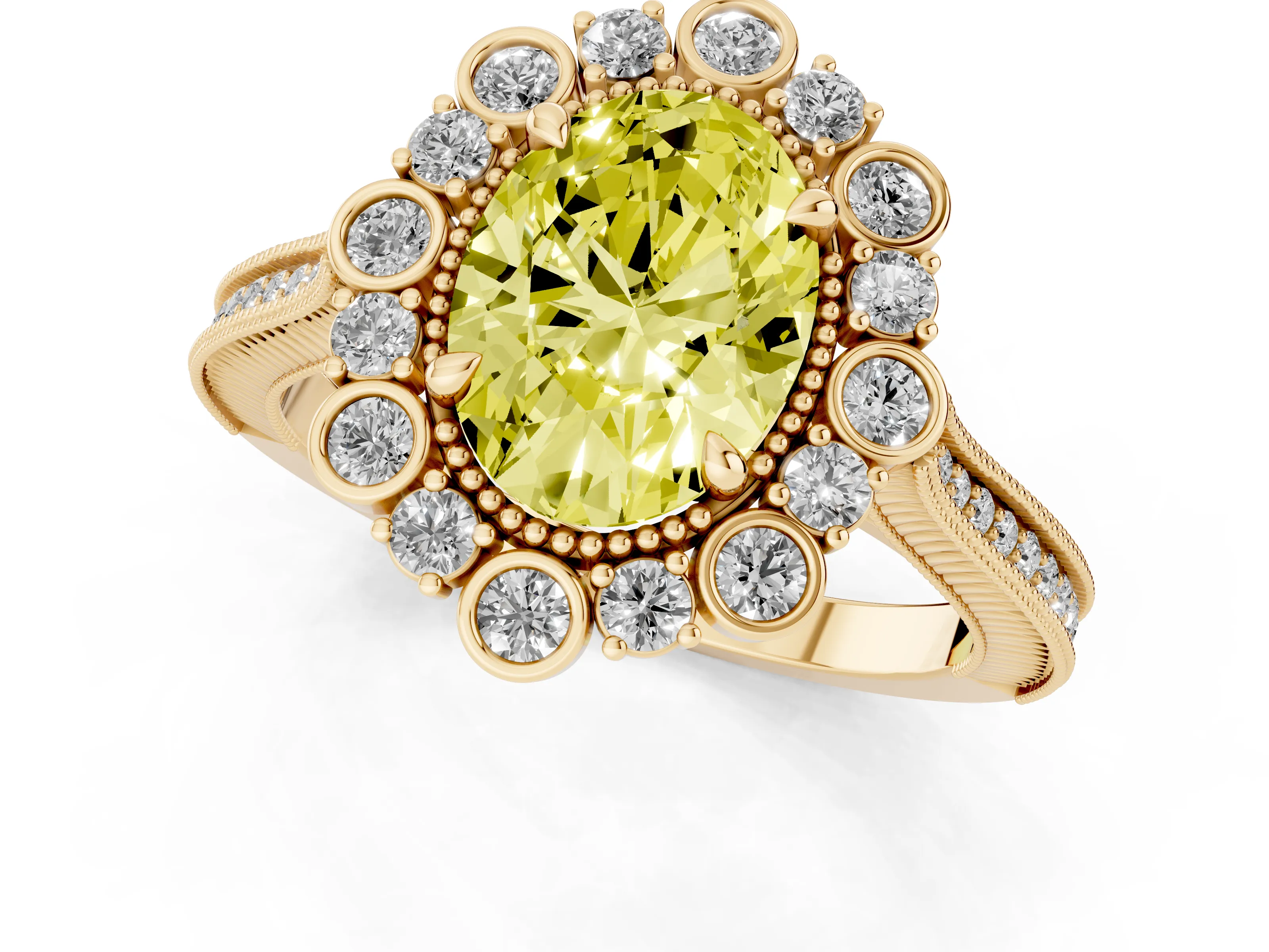 Fancy Yellow Oval Cut Diamond Halo Milgrain Pavé Ring Set in Yellow gold with Prong Setting