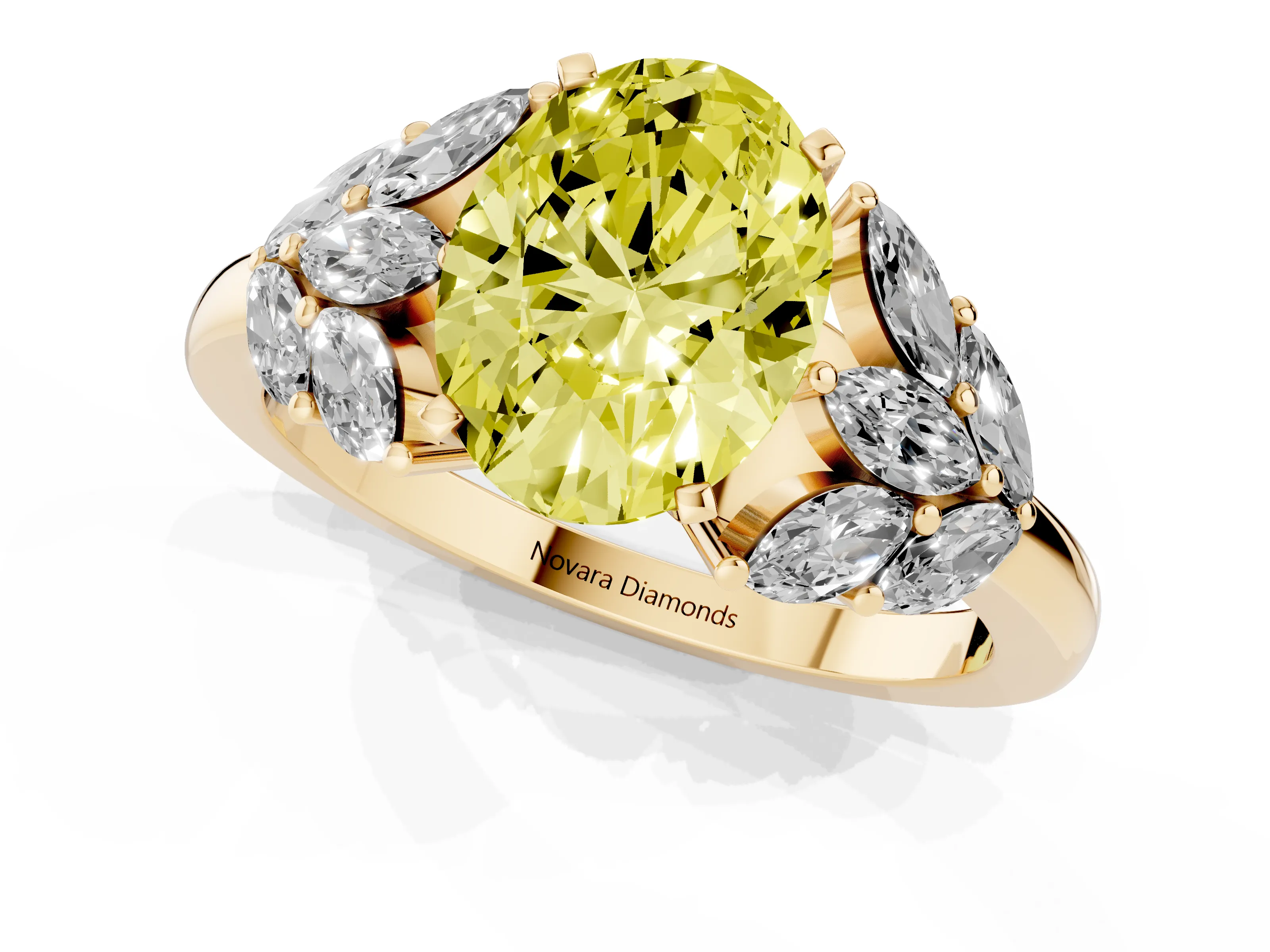 Fancy Yellow Oval Cut Diamond Cluster Leaf Design Ring Set in Yellow gold with Prong Setting