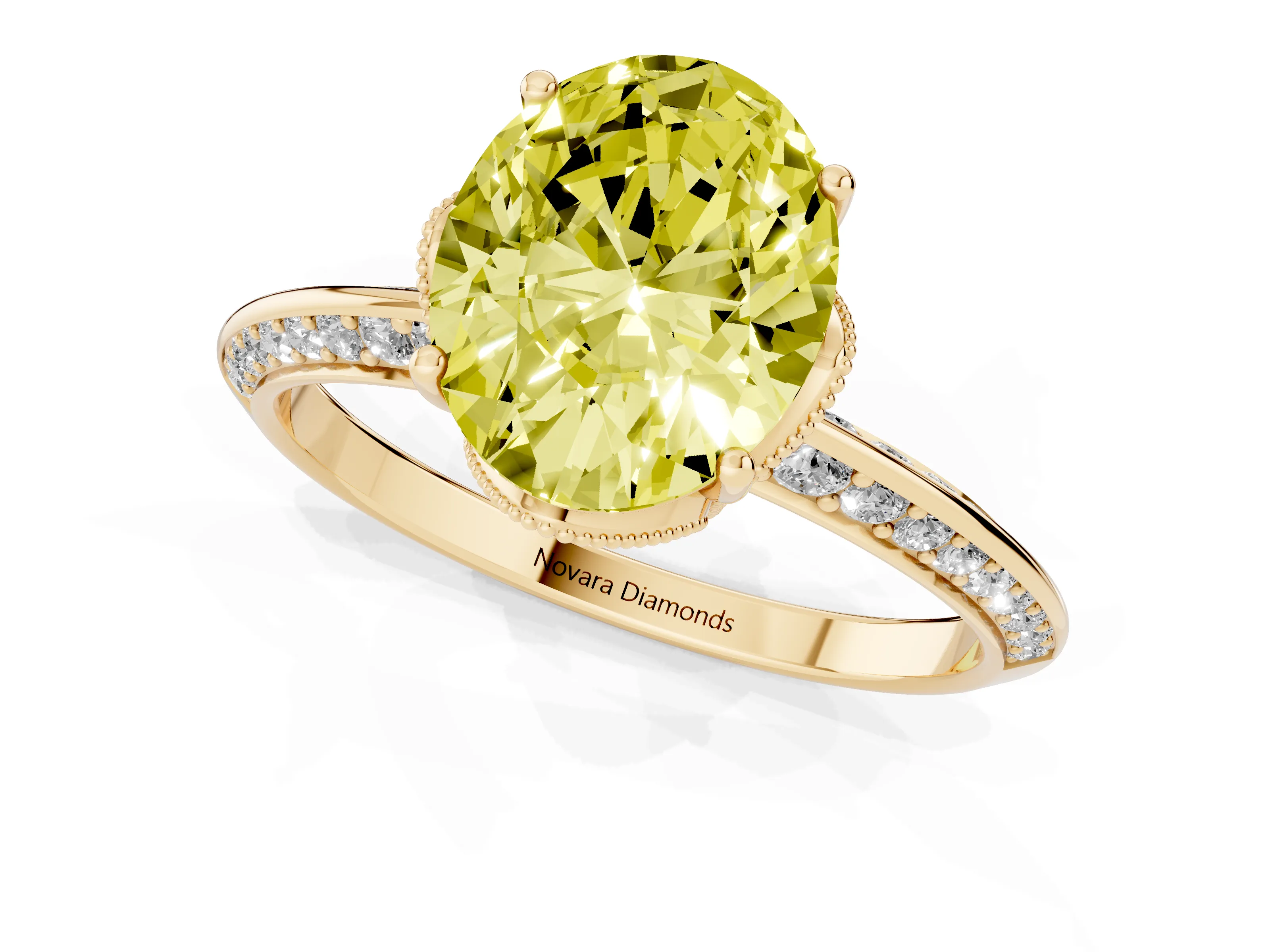Fancy Yellow Oval Cut Diamond Solitaire Engagement Ring Set in Yellow gold with Pavé Split Shank and Prong Setting
