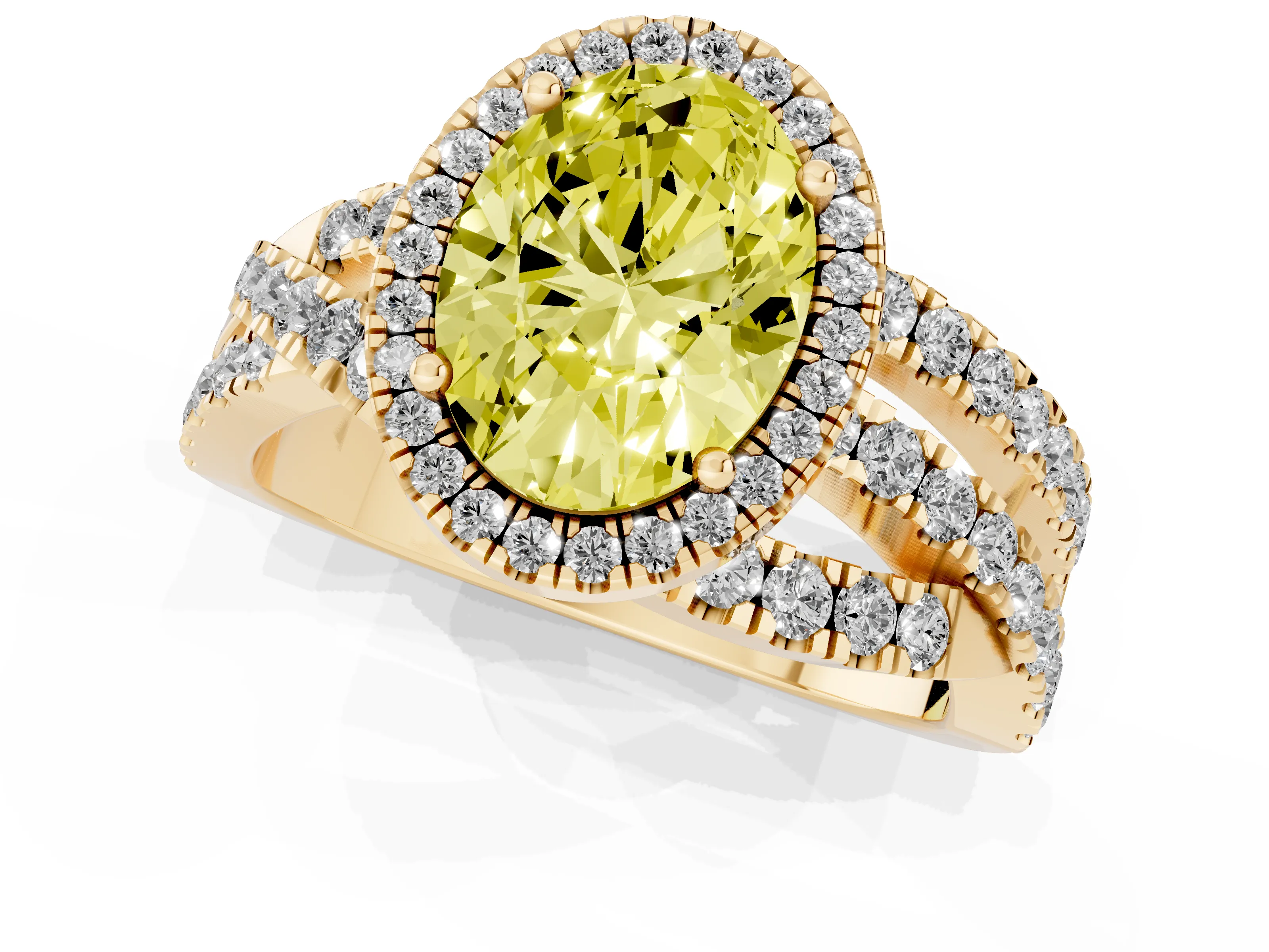 Fancy Yellow Oval Cut Diamond Halo Ring Set in Yellow gold with Round Crossover Split Shank and Prong Setting