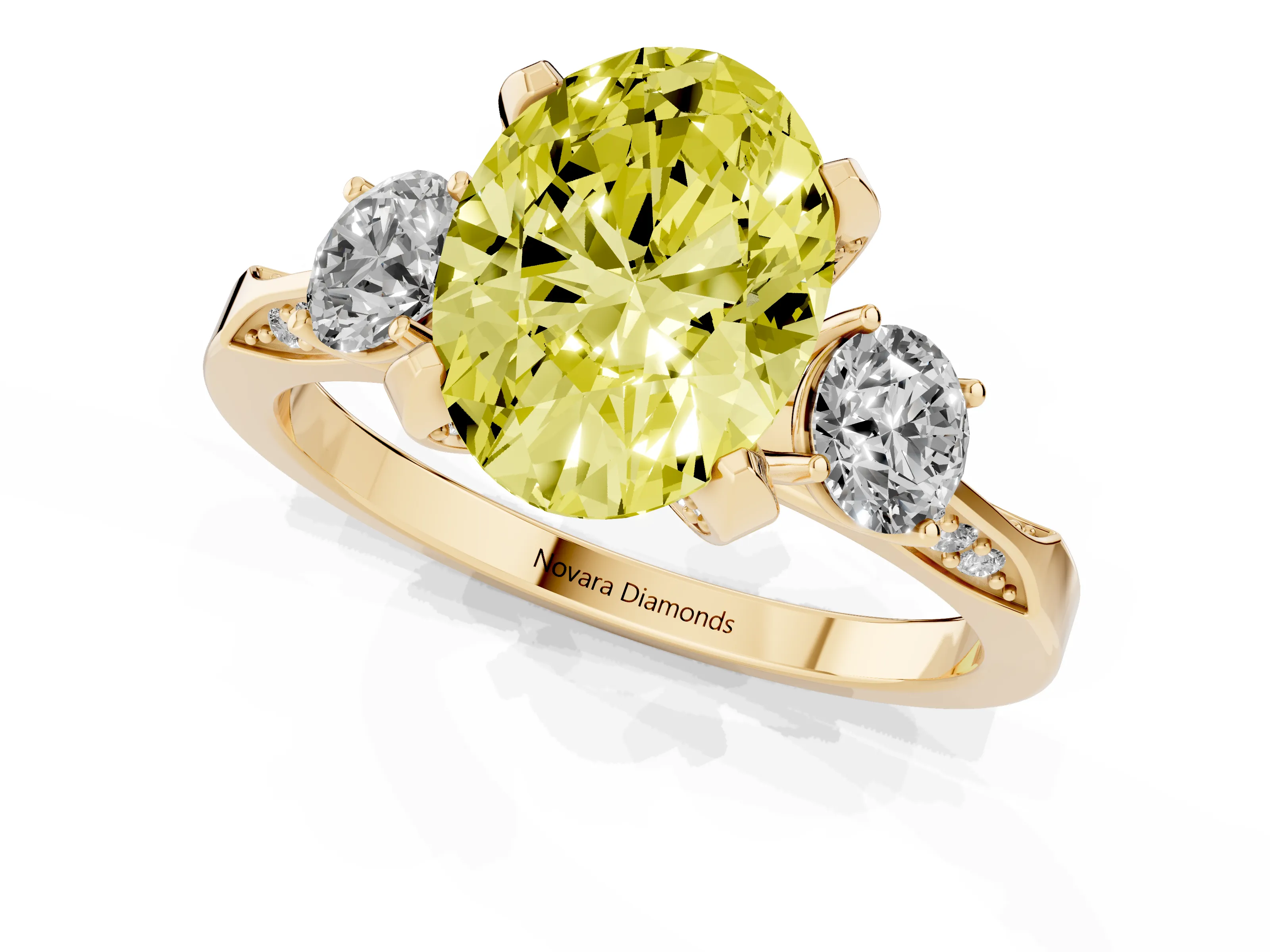 Fancy Yellow Oval Cut Diamond Three-Stone Ring Set in Yellow gold with Pavé Band and Smaller Side Stones