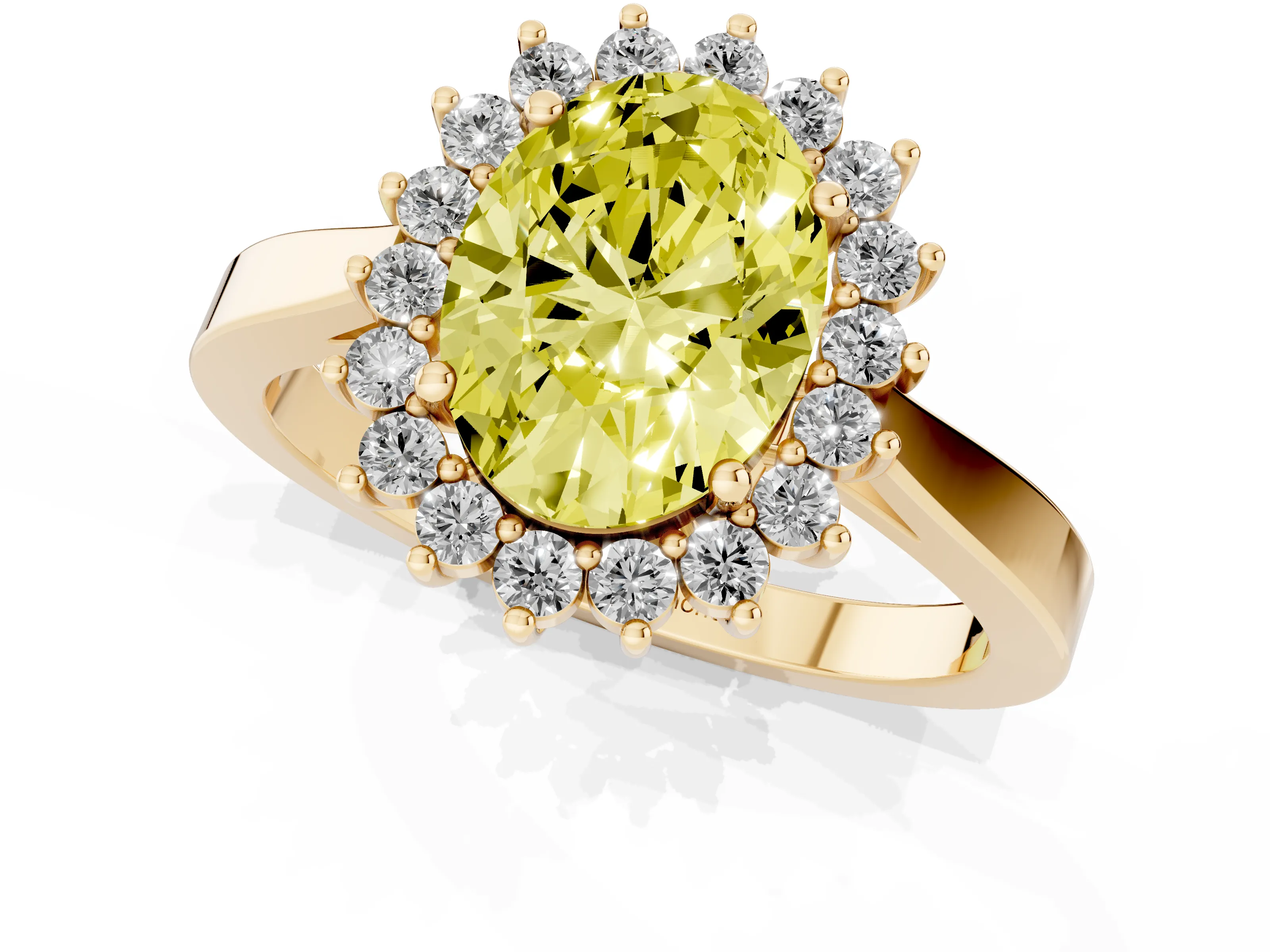 Fancy Yellow Oval Cut Diamond Halo Ring Set in Yellow gold with Round Halo and Smooth Solitaire Band
