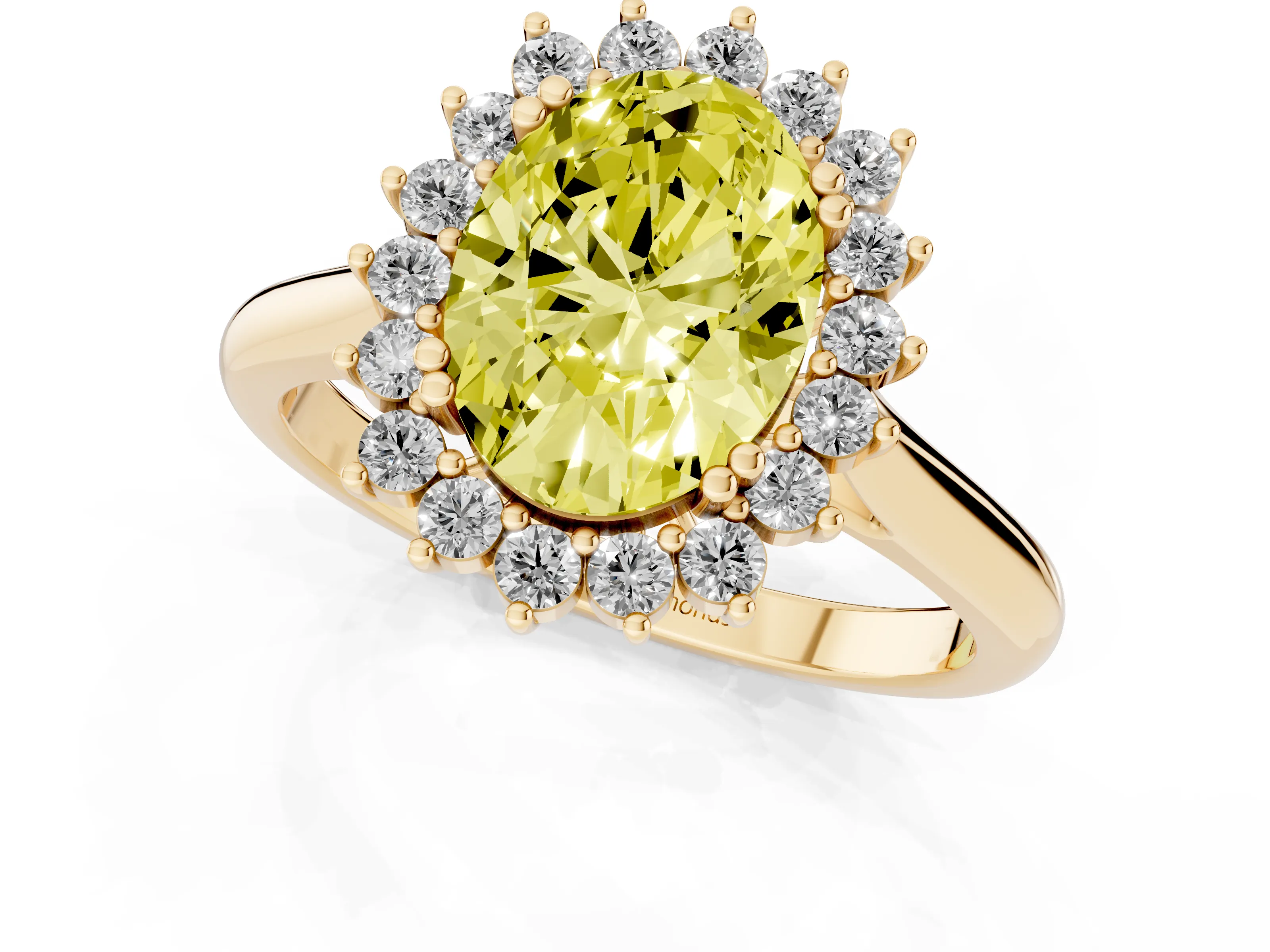Fancy Yellow Oval Cut Diamond Halo Ring Set in Yellow gold with Plain Solitaire Band and Prong Setting