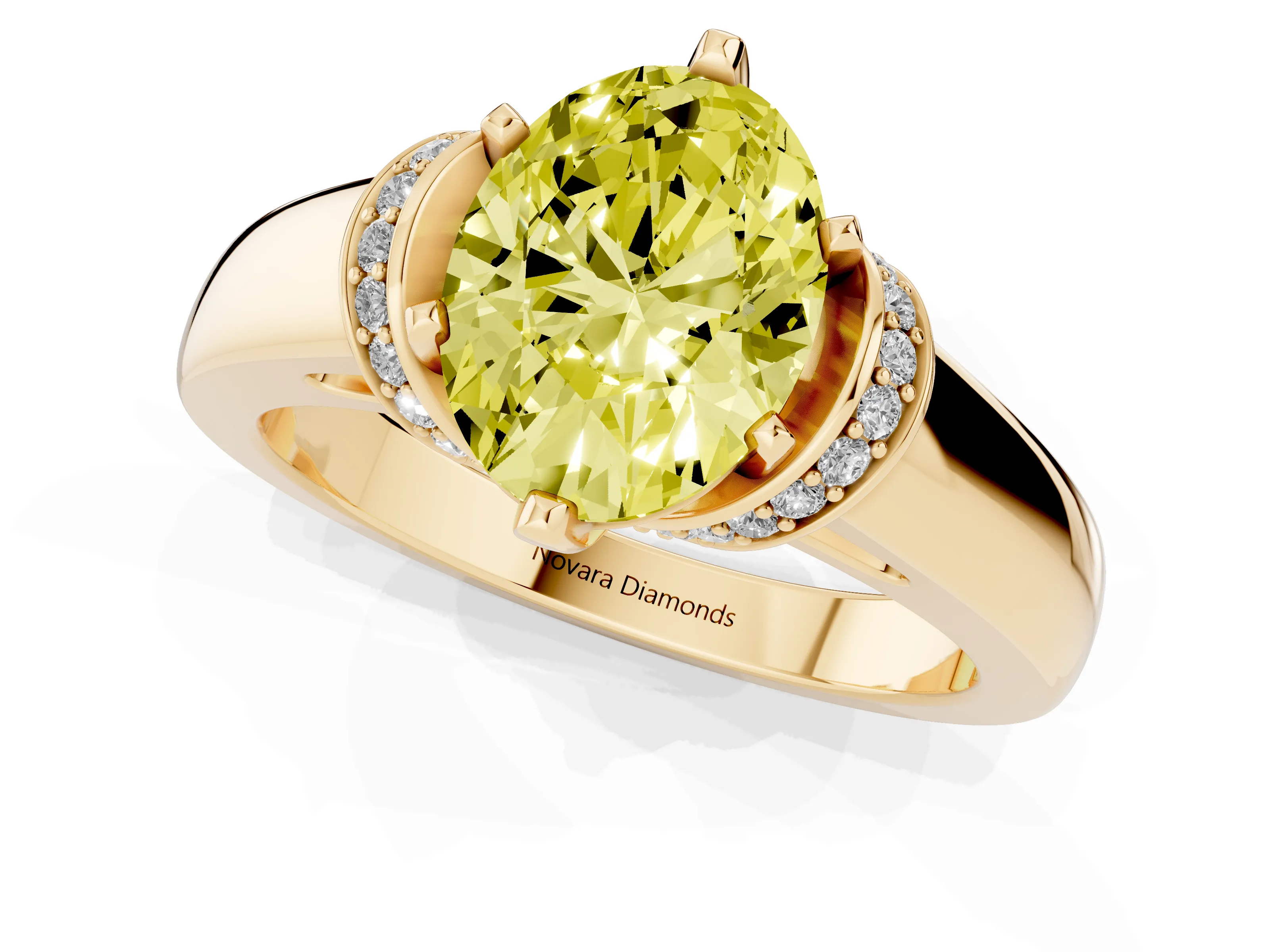 Fancy Yellow Oval Cut Diamond Pavé Band Solitaire Ring Set in Yellow gold with Prong Setting