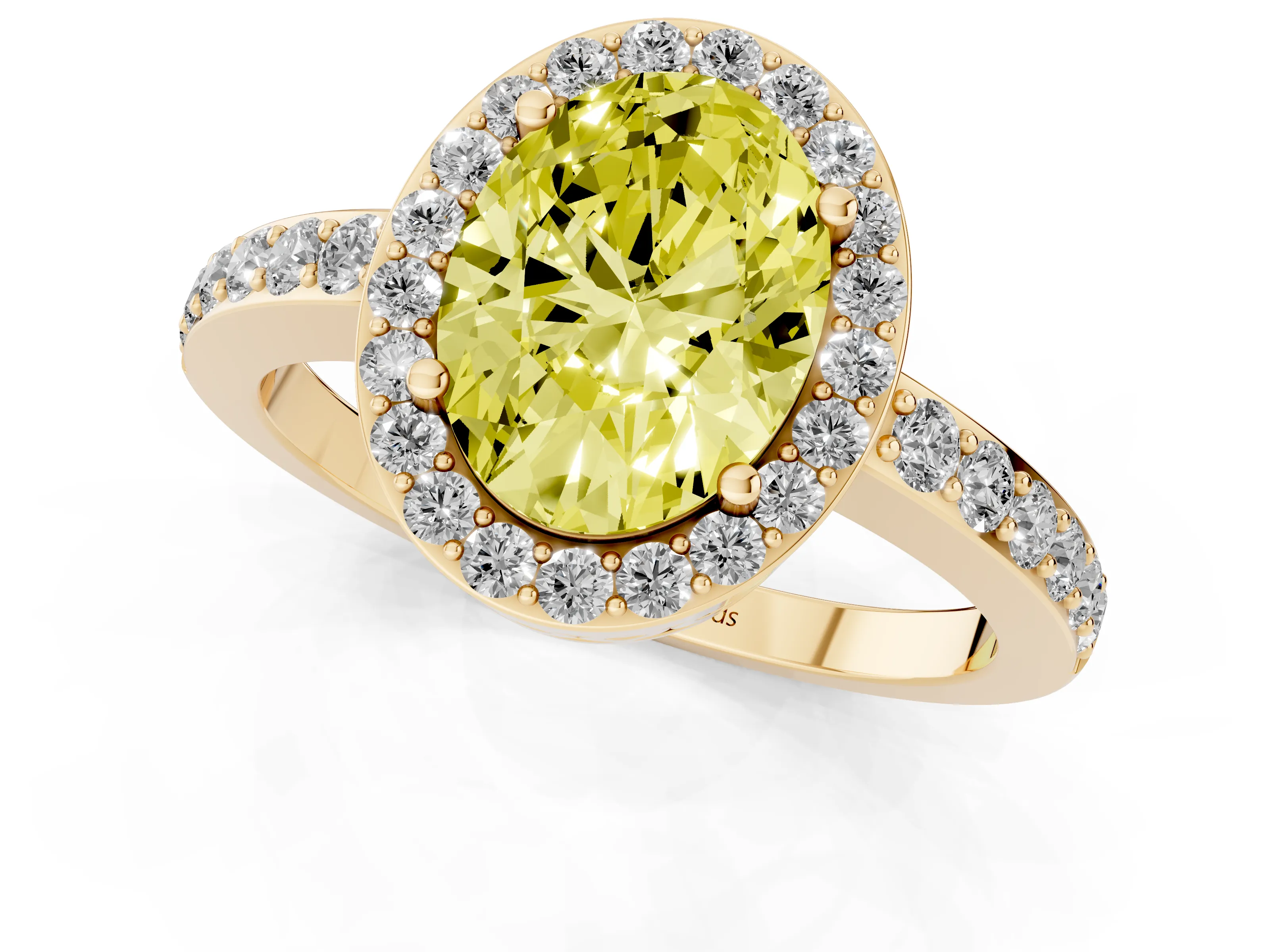 Fancy Yellow Oval Cut Diamond Halo Ring Set in Yellow gold with Pavé-Setting Band and Open Prong Center