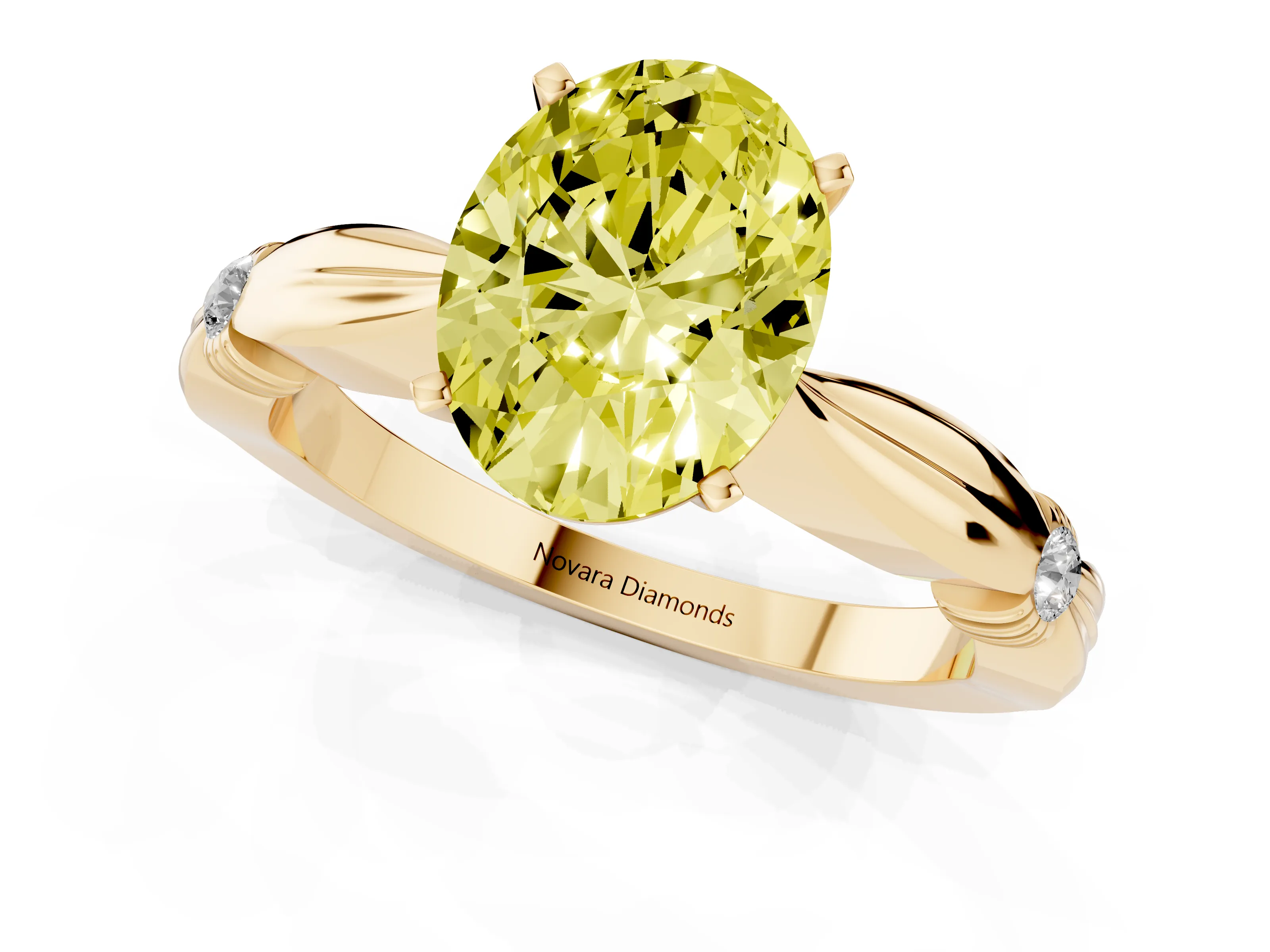 Fancy Yellow Oval Cut Diamond Solitaire Twisted Band Ring Set in Yellow gold with Accent Stones and Prong Setting