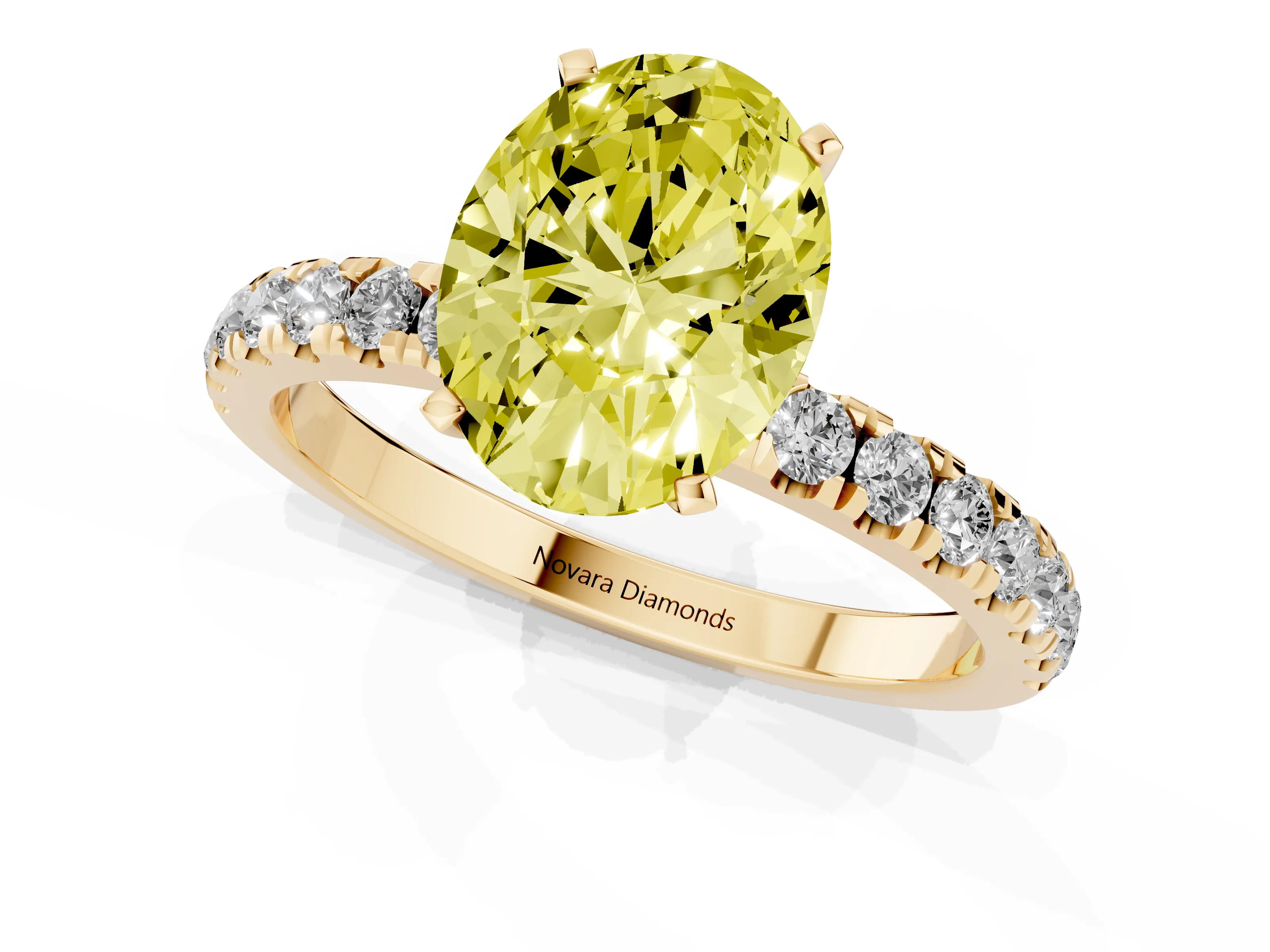 Fancy Yellow Oval Cut Diamond Solitaire Ring Set in Yellow gold with Pavé Accents and Prong Setting