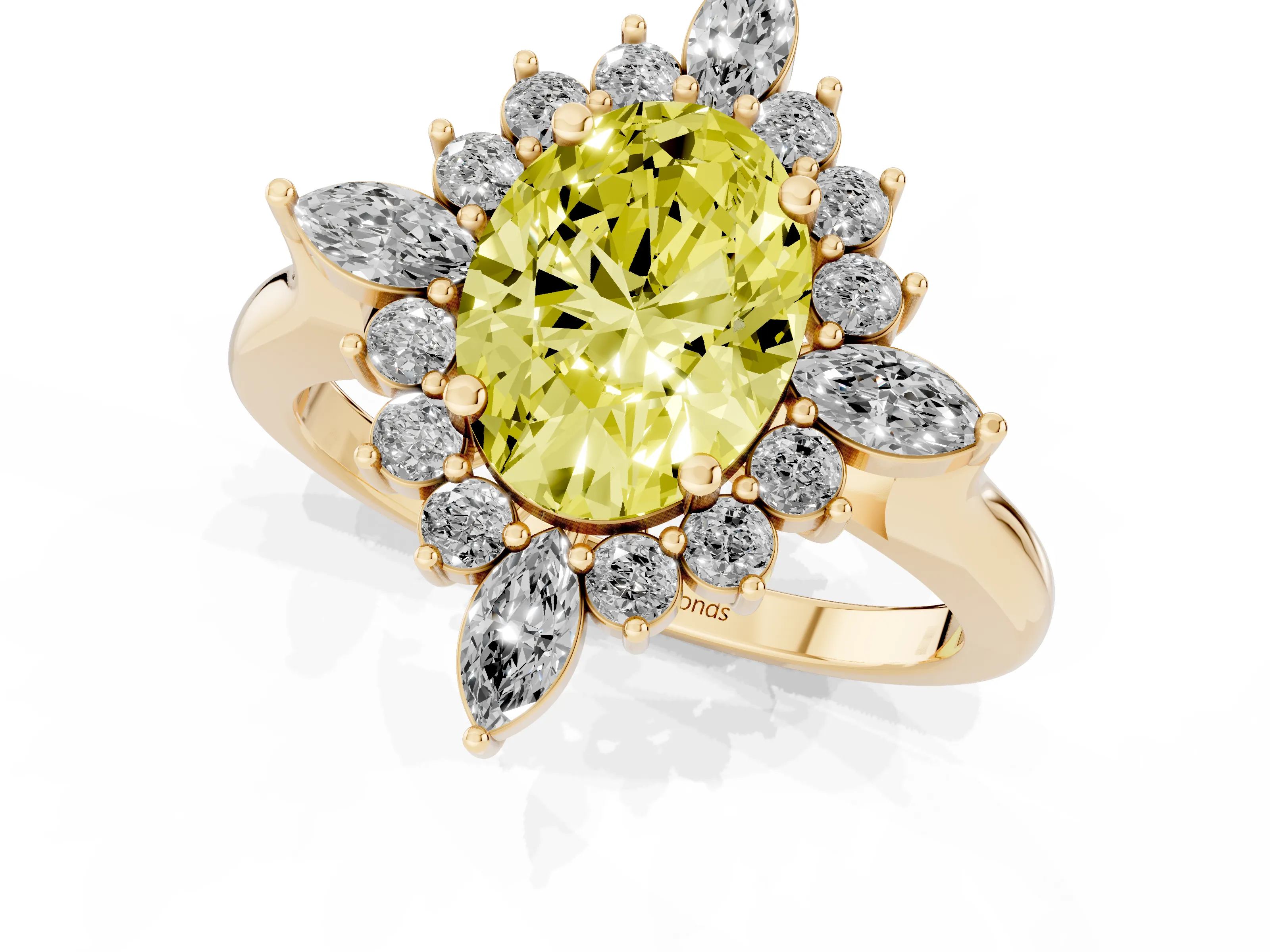 Fancy Yellow Oval Cut Diamond Cluster Halo Ring Set in Yellow gold with Marquise and Round Accents