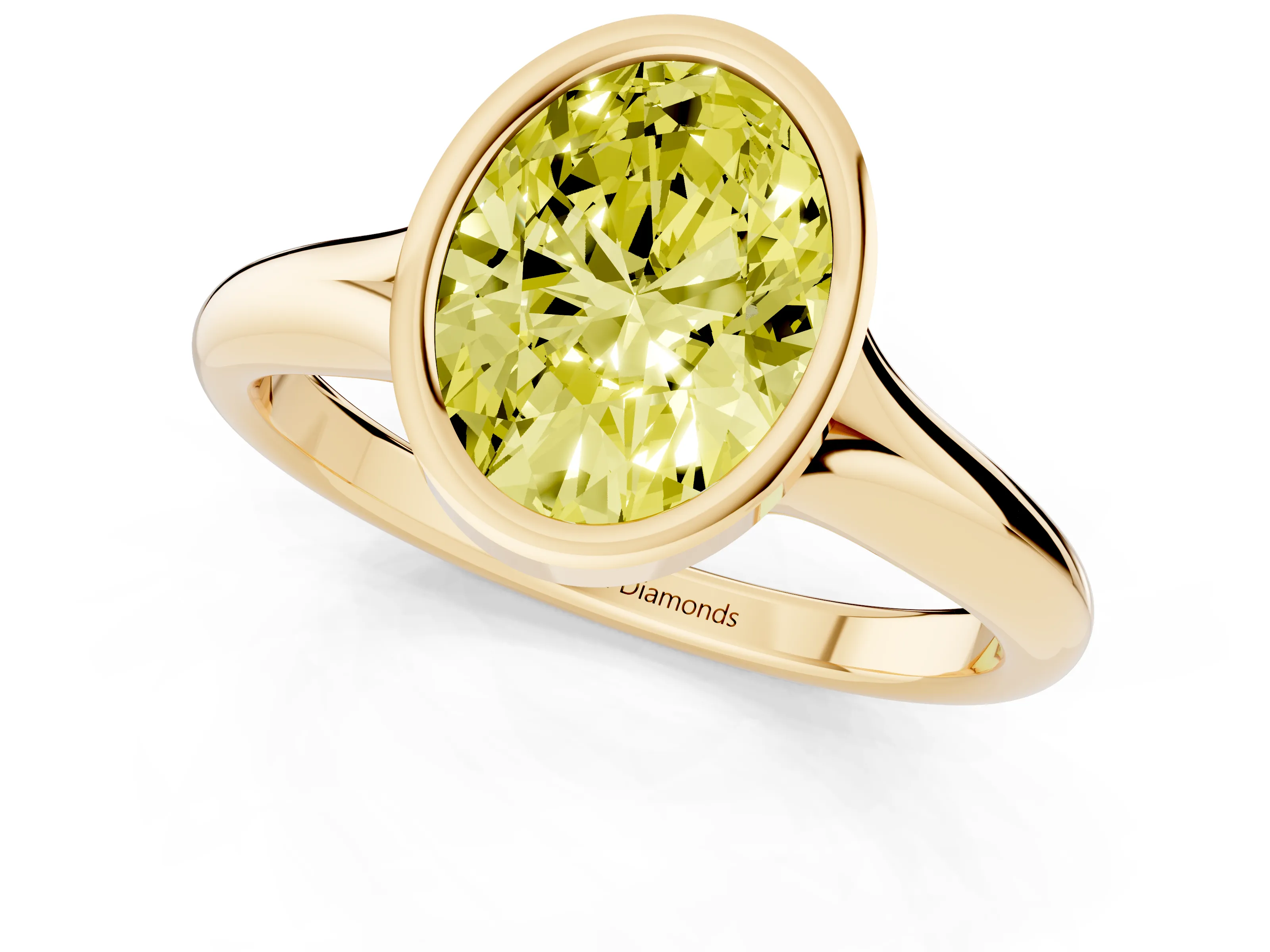 Fancy Yellow Bezel Set Oval Cut Diamond Solitaire Ring Set in Yellow gold with Smooth Band