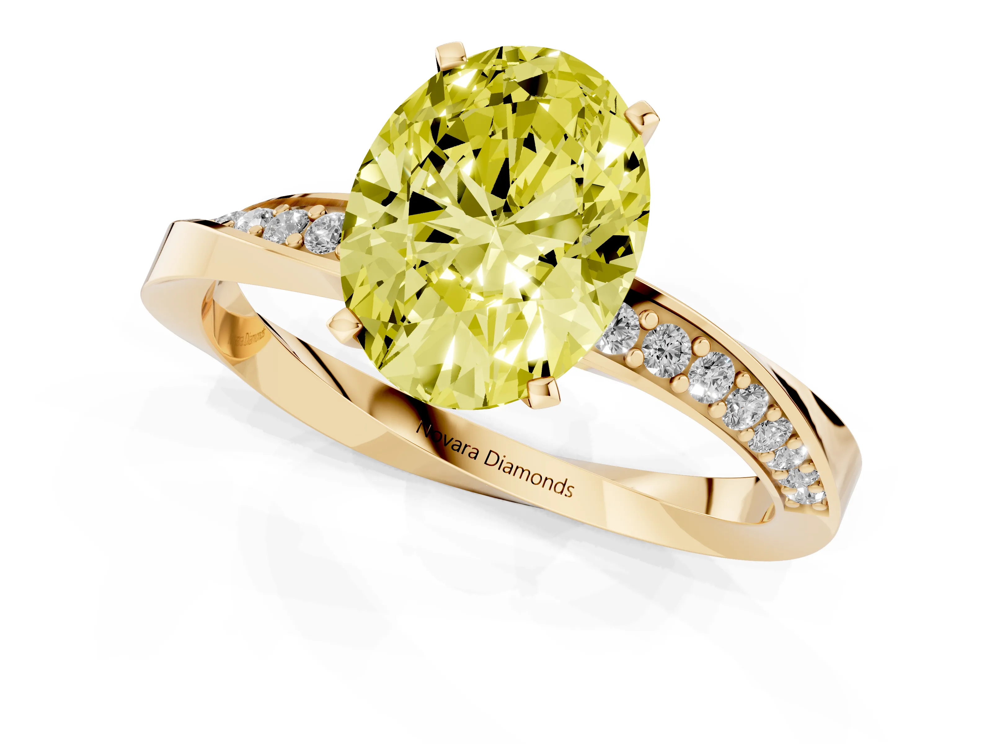 Fancy Yellow Oval Cut Diamond Engagement Ring Set in Yellow gold with Side Stone Accents and Prong Setting