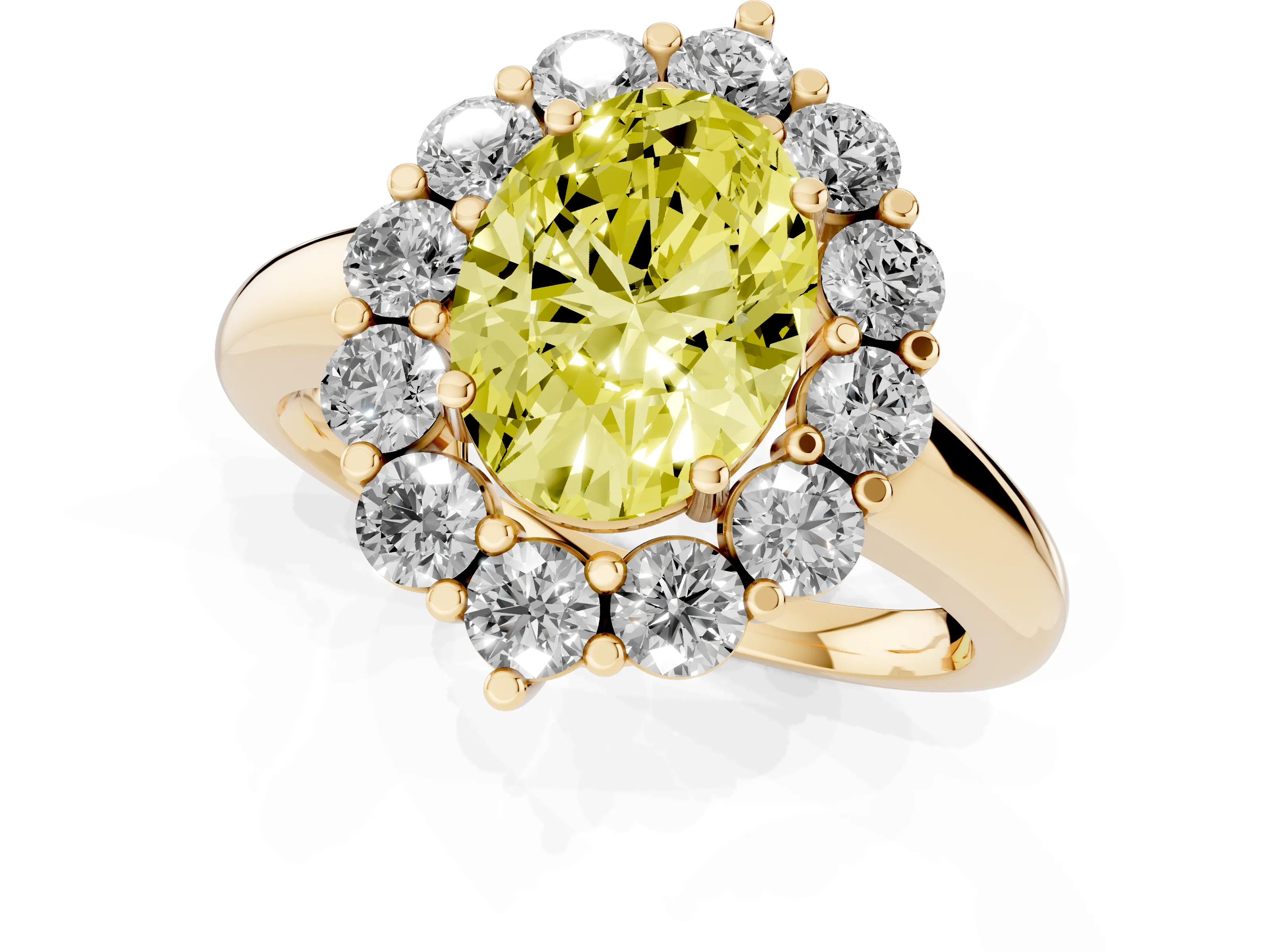 Fancy Yellow Oval Cut Diamond Halo Cluster Engagement Ring Set in Yellow gold with Polished Band and Prong Setting