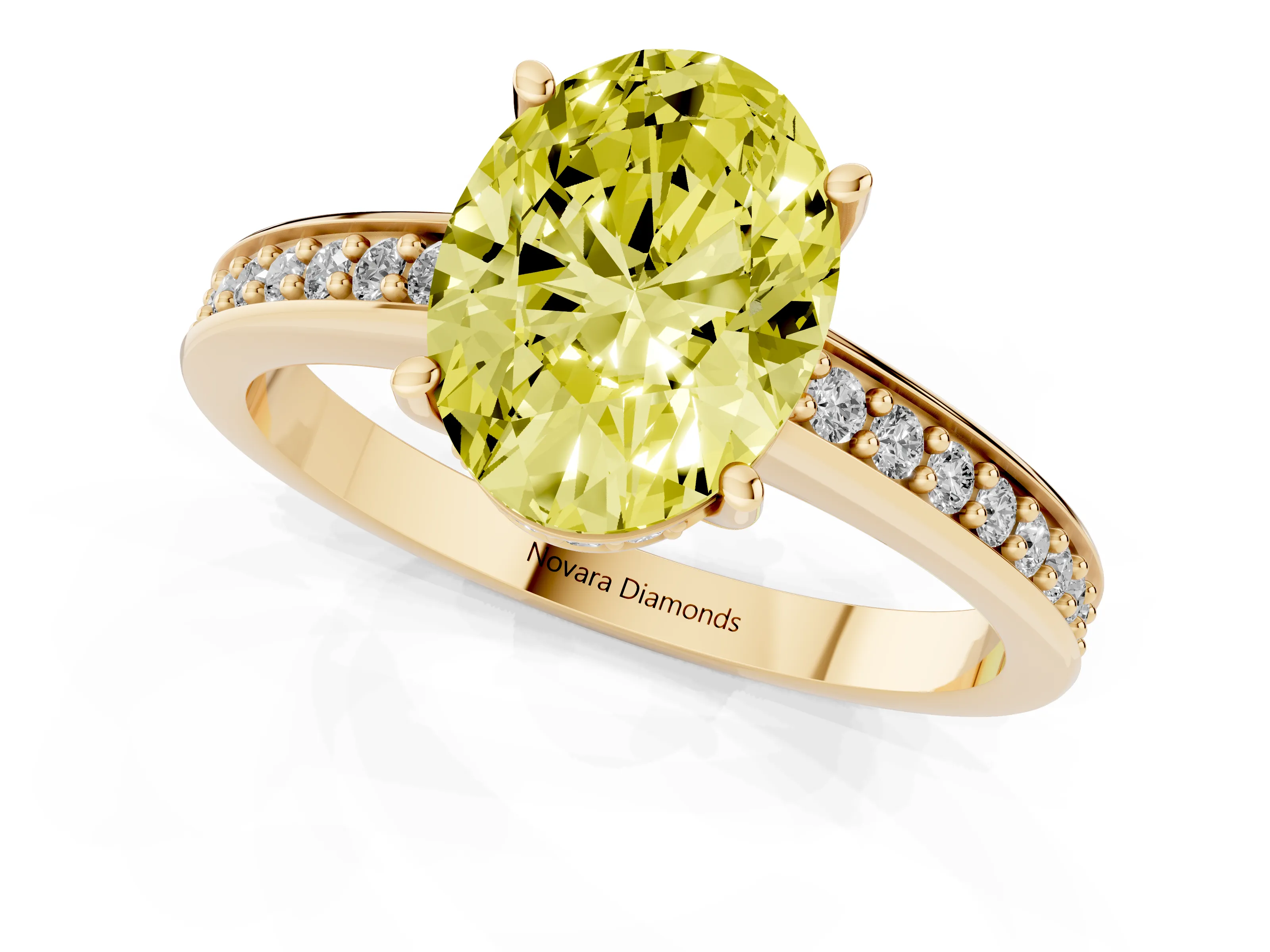 Fancy Yellow Oval Cut Diamond Pavé Band Prong Set Solitaire Ring Set in Yellow gold