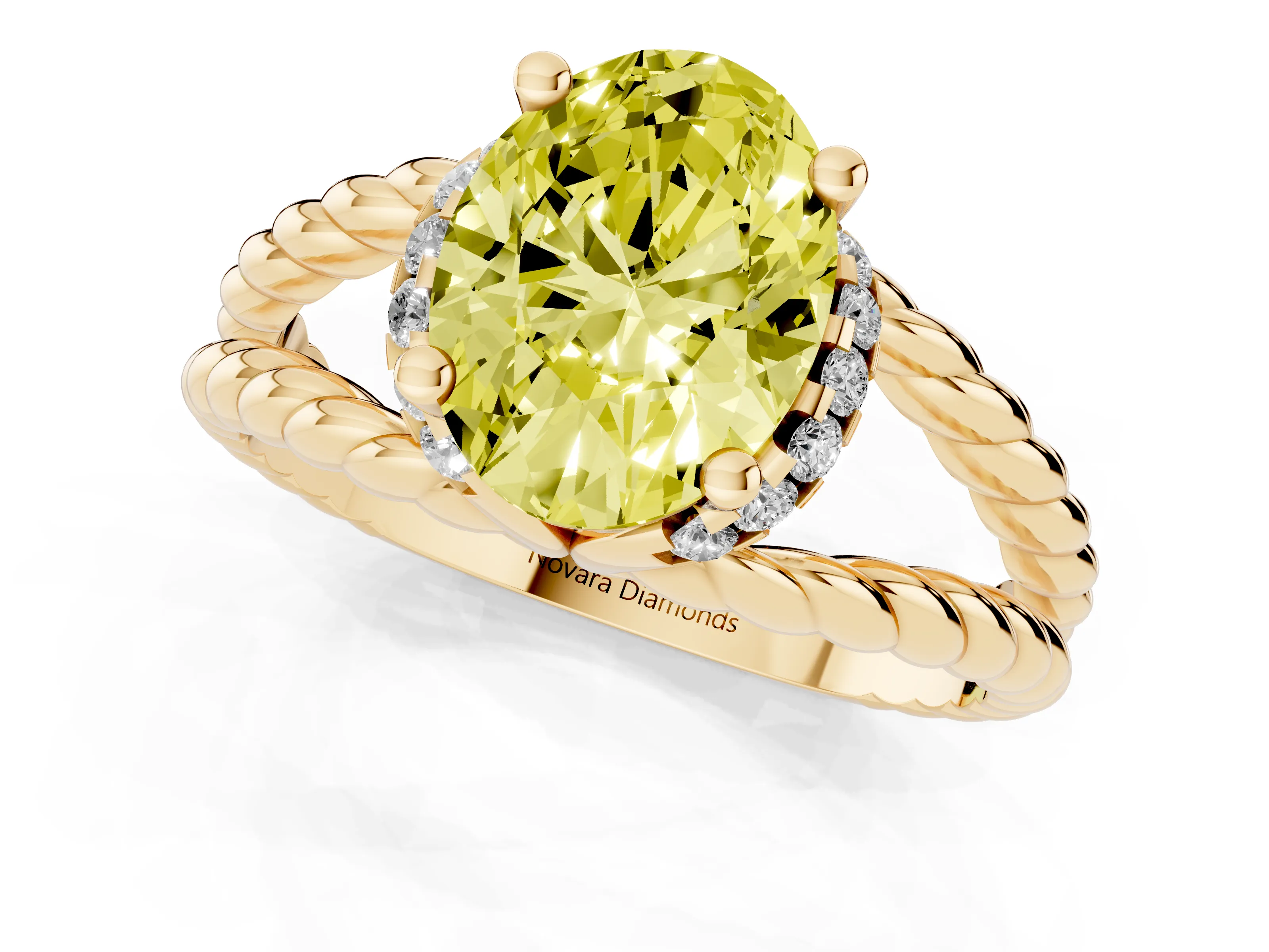 Fancy Yellow Oval Cut Diamond Halo Ring Set in Yellow gold with Twisted Band and Prong Setting
