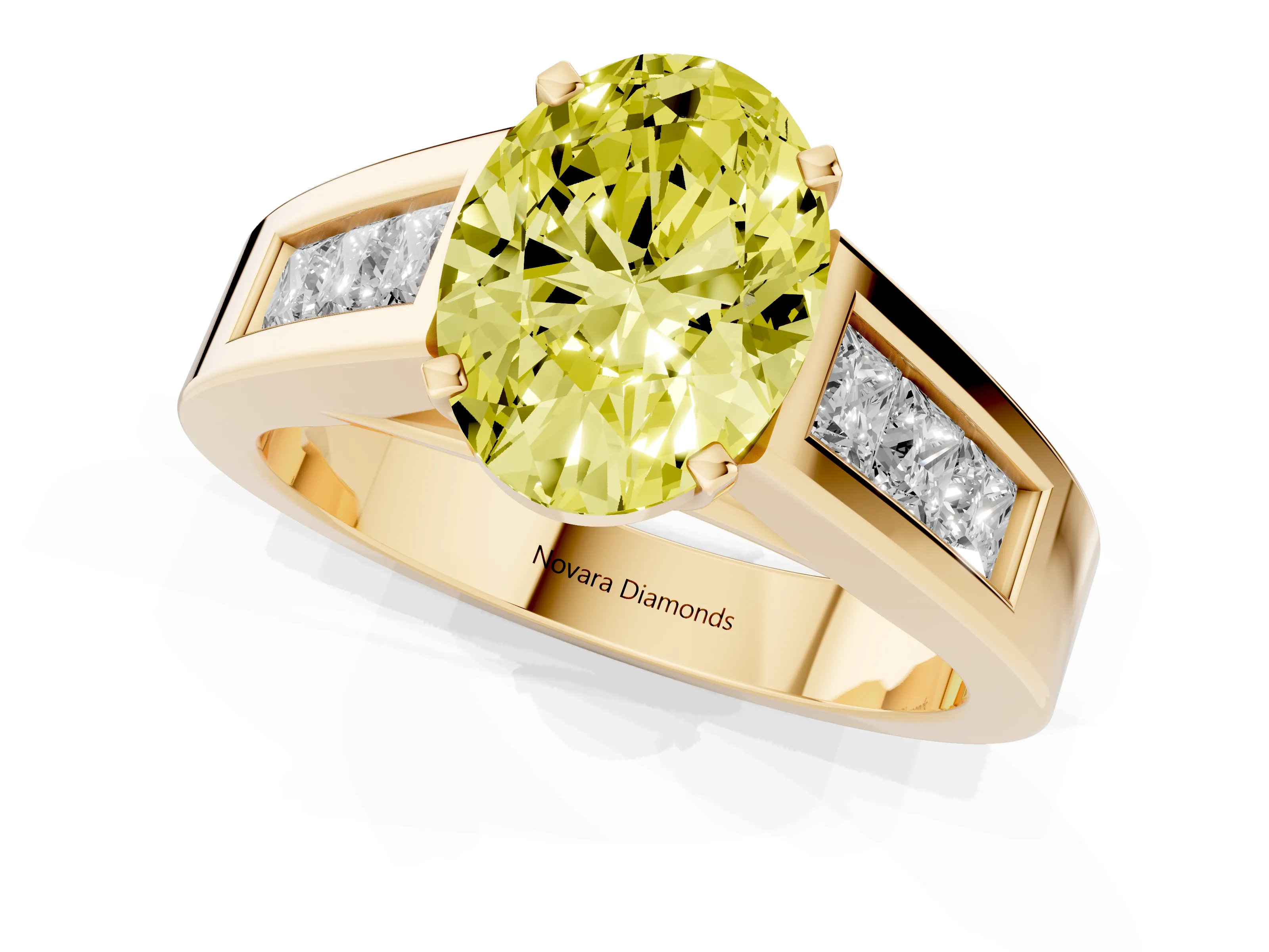 Fancy Yellow Oval Cut Diamond Solitaire Ring Set in Yellow gold with Channel-Set Accent Stones and Prong Setting