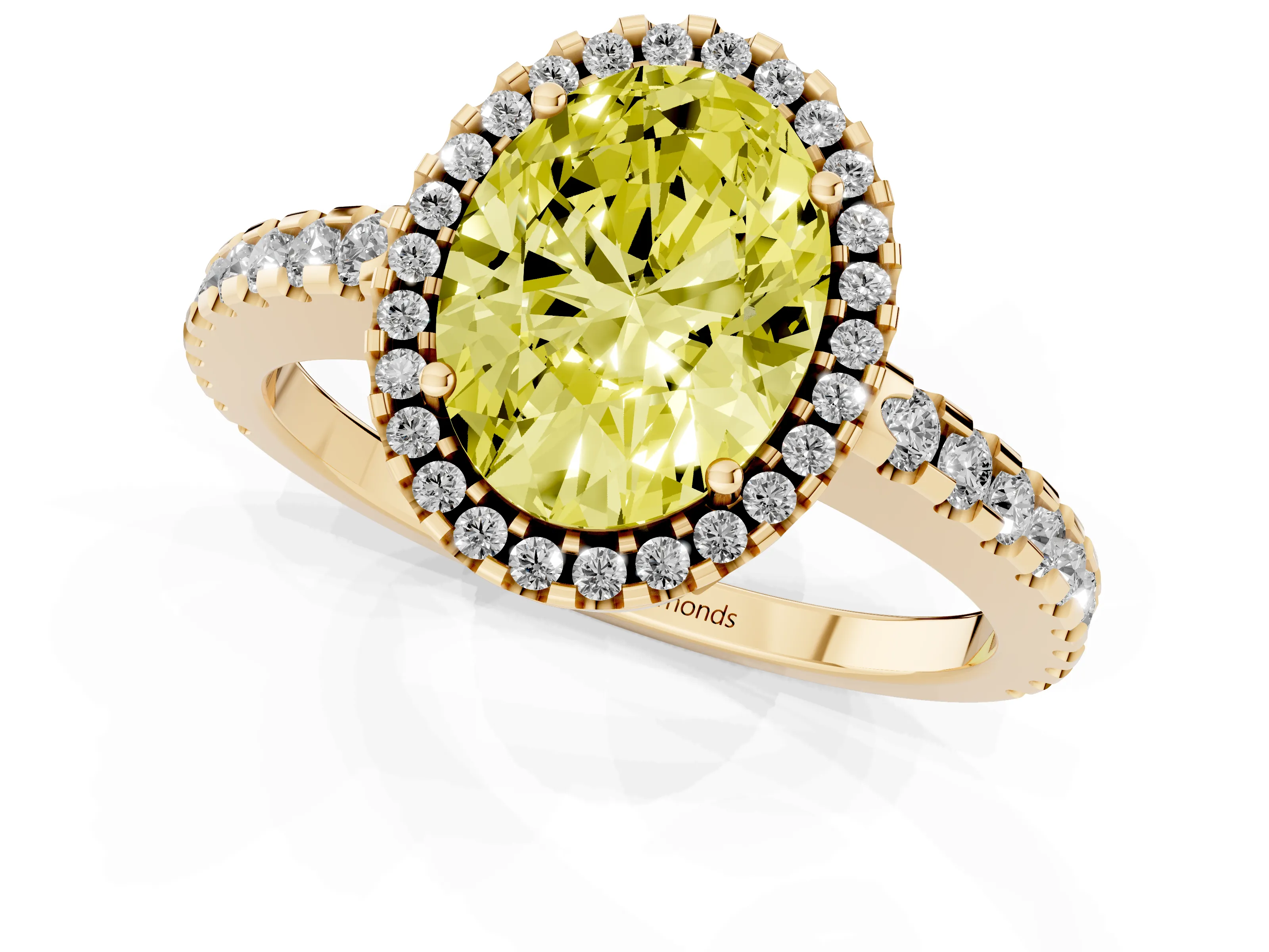 Fancy Yellow Oval Cut Diamond Halo Ring Set in Yellow gold with Pavé Shoulders and Halo-Framed Center