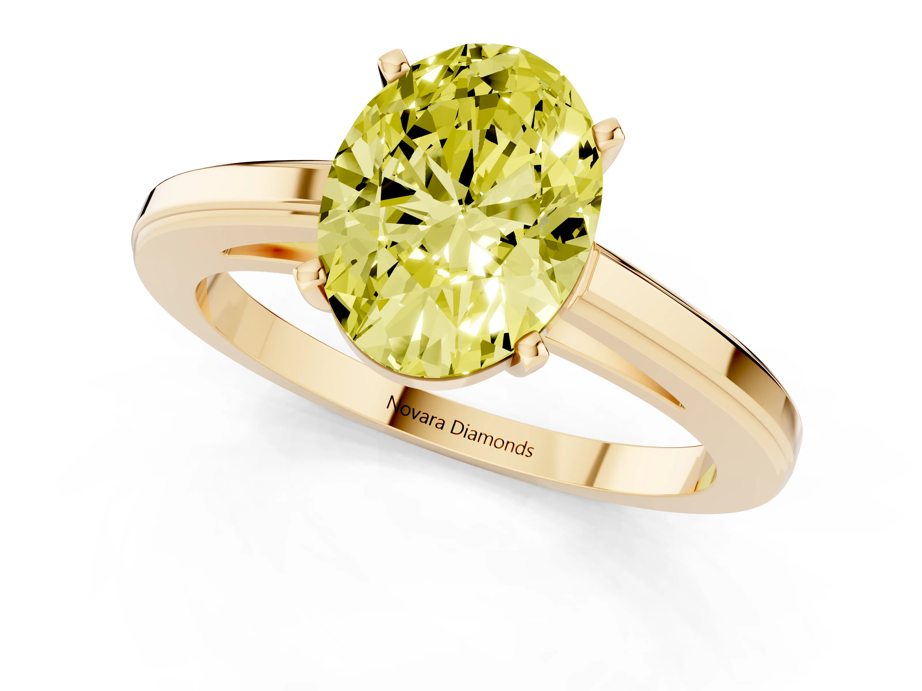 Fancy Yellow Oval Cut Diamond Solitaire Ring Set in Yellow gold with Prong Setting and Classic Band