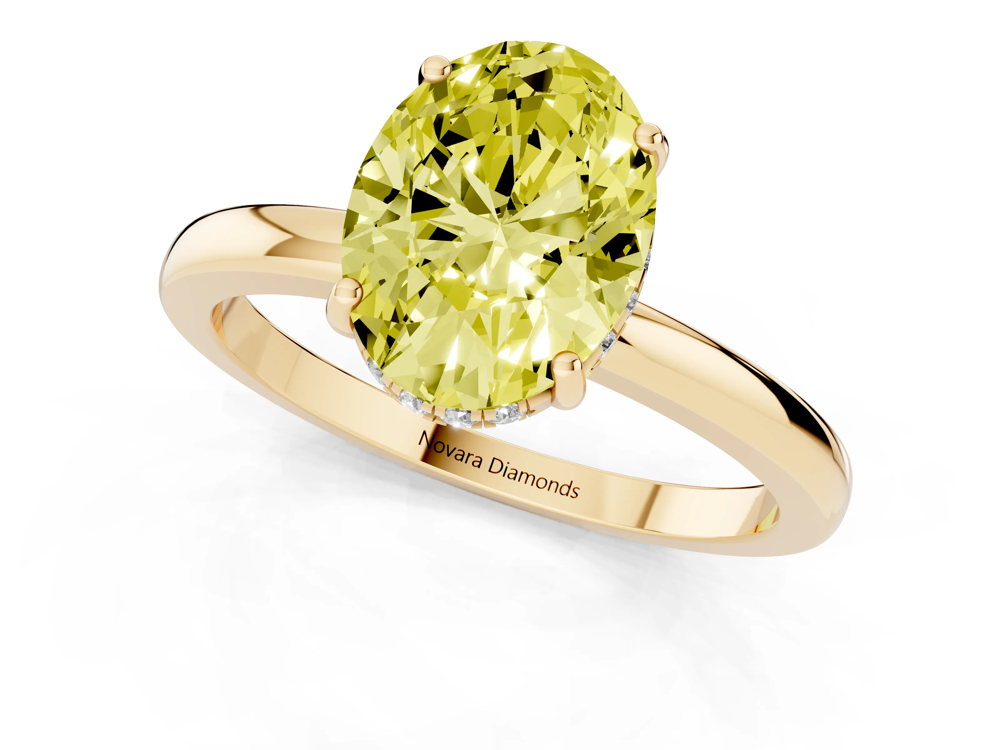 Fancy Yellow Oval Cut Diamond Solitaire Ring Set in Yellow gold with Plain Band and Prong Setting