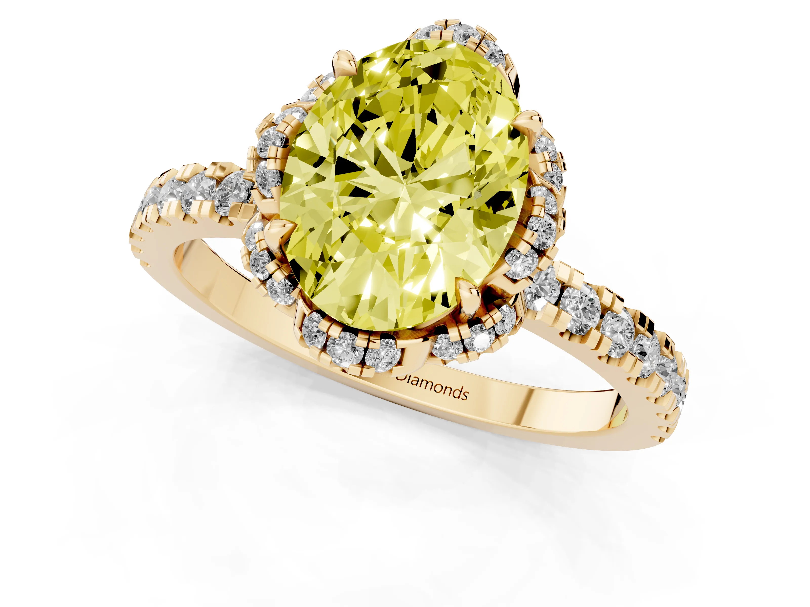 Fancy Yellow Oval Cut Diamond Halo Pavé Band Ring Set in Yellow gold with Prong-Held Center