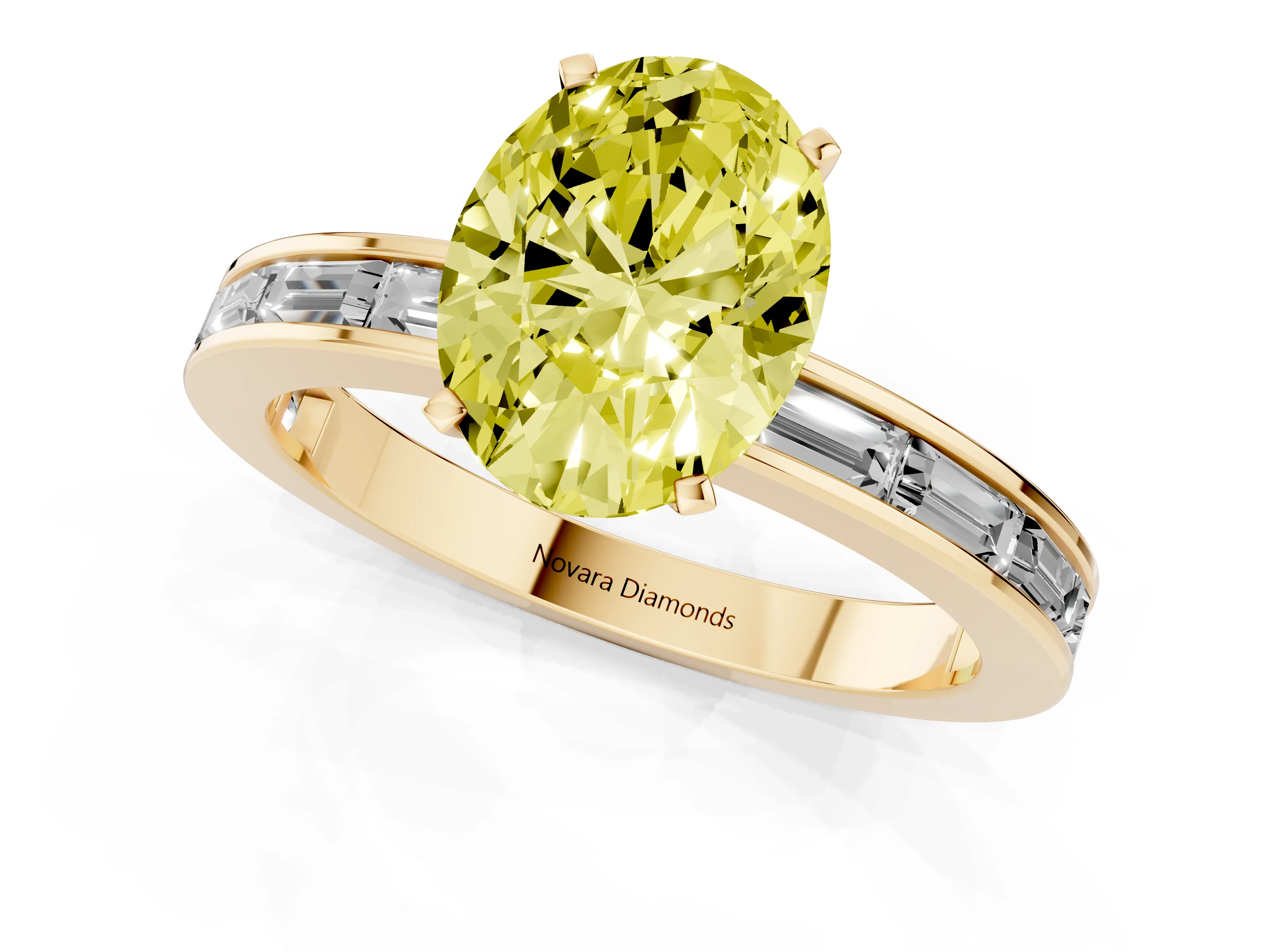 Fancy Yellow Oval Cut Diamond Solitaire Ring Set in Yellow gold with Channel-Set Baguette Band and Prong Setting