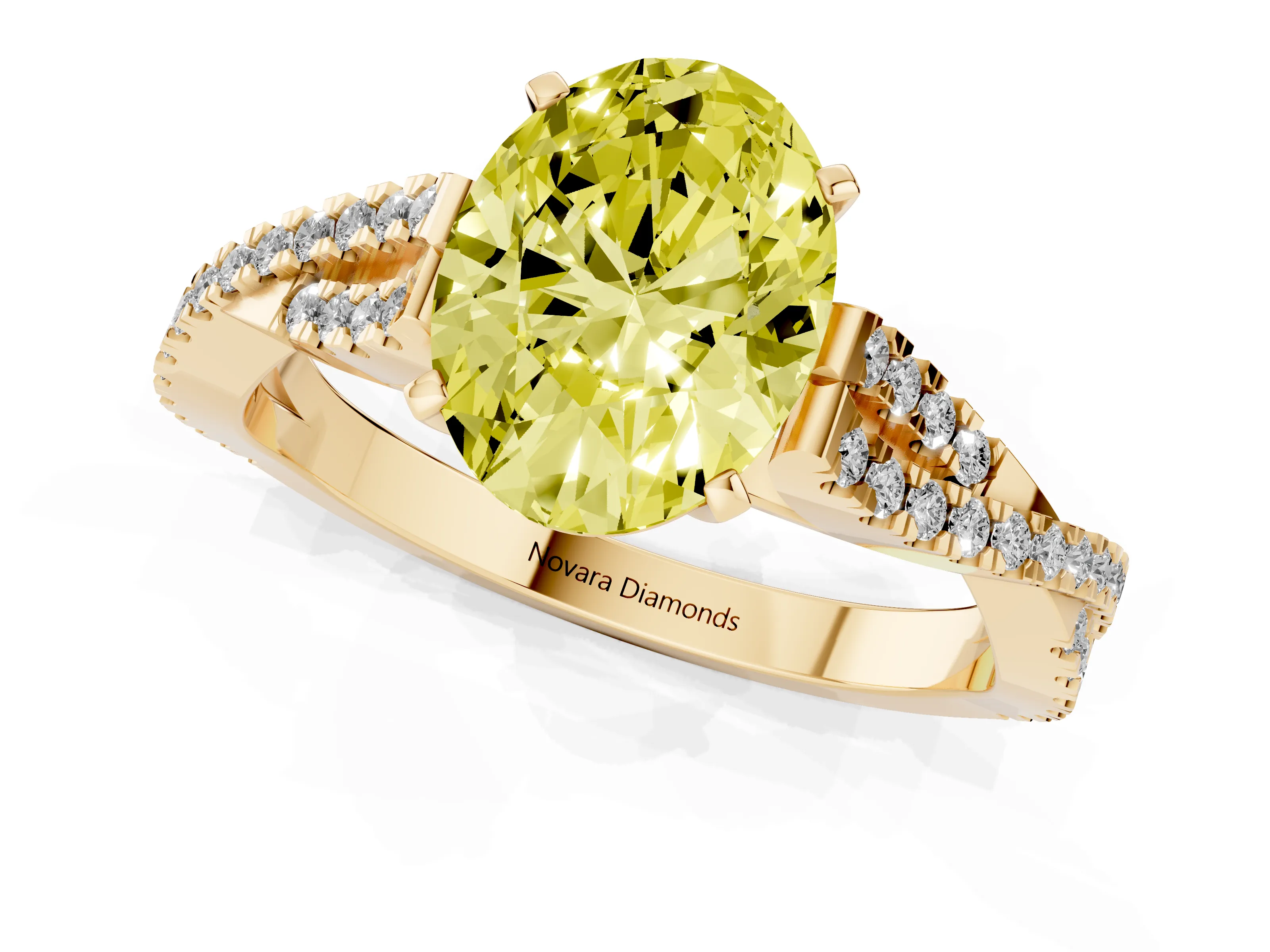 Fancy Yellow Oval Cut Diamond Solitaire Engagement Ring Set in Yellow gold with Twisted Pavé Band and Prong Setting