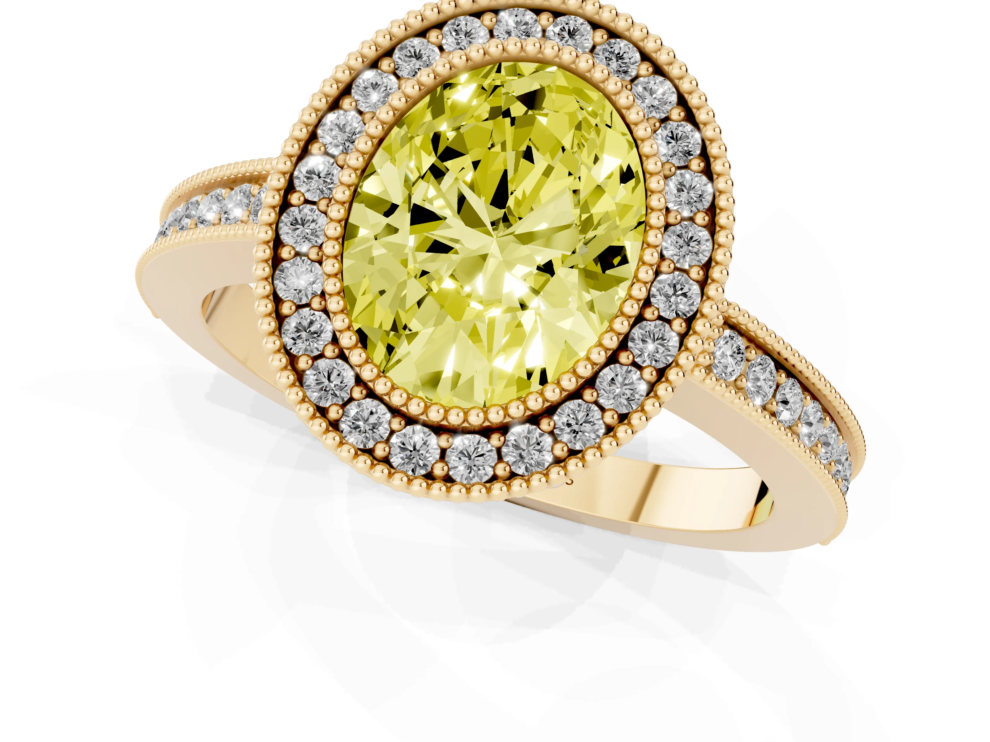 Fancy Yellow Oval Cut Diamond Halo Ring Set in Yellow gold with Pavé Band and Milgrain-Edged Prongs