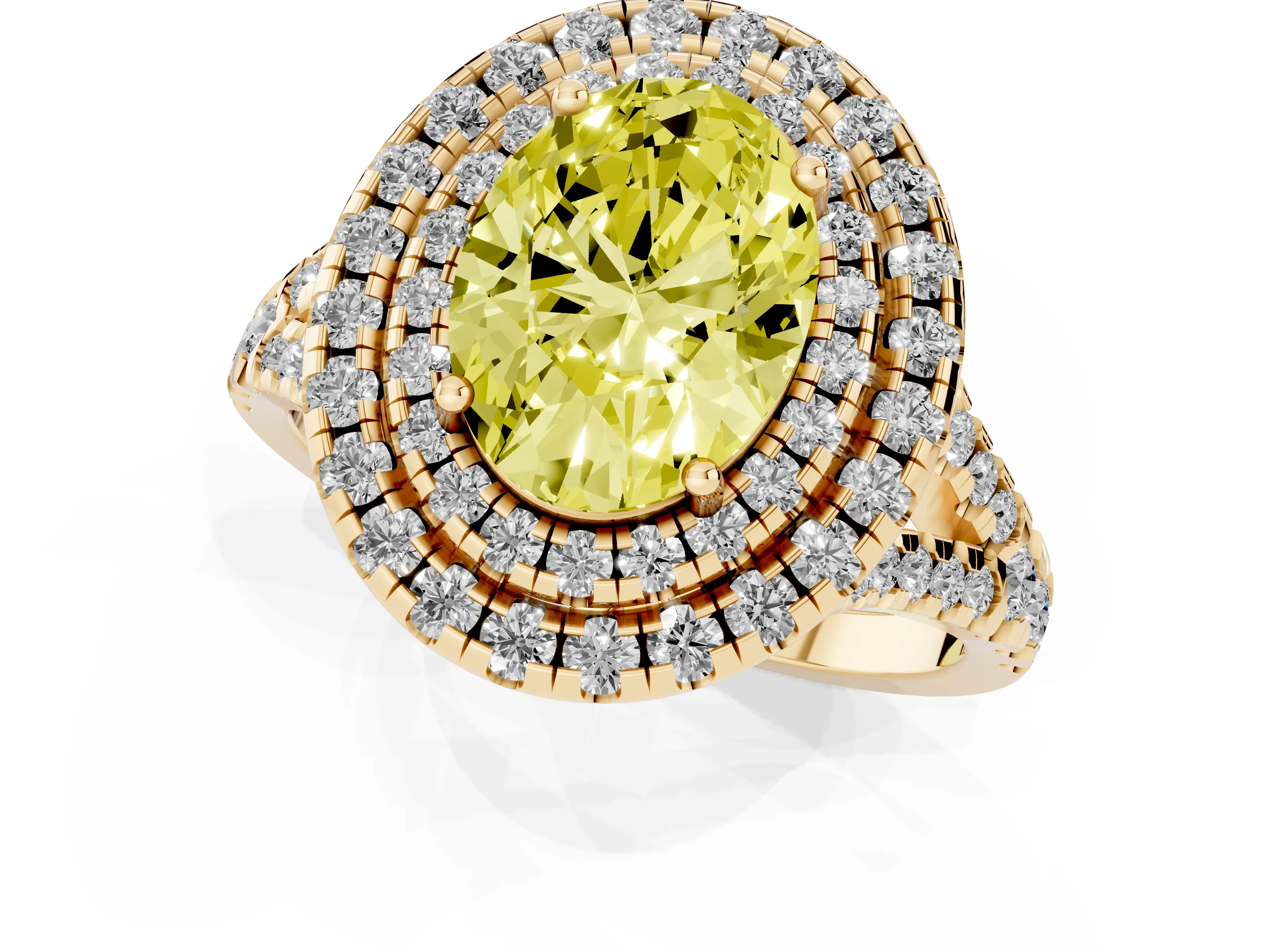 Fancy Yellow Oval Cut Diamond Double Halo Ring Set in Yellow gold with Pavé Split Shank and Prong Setting