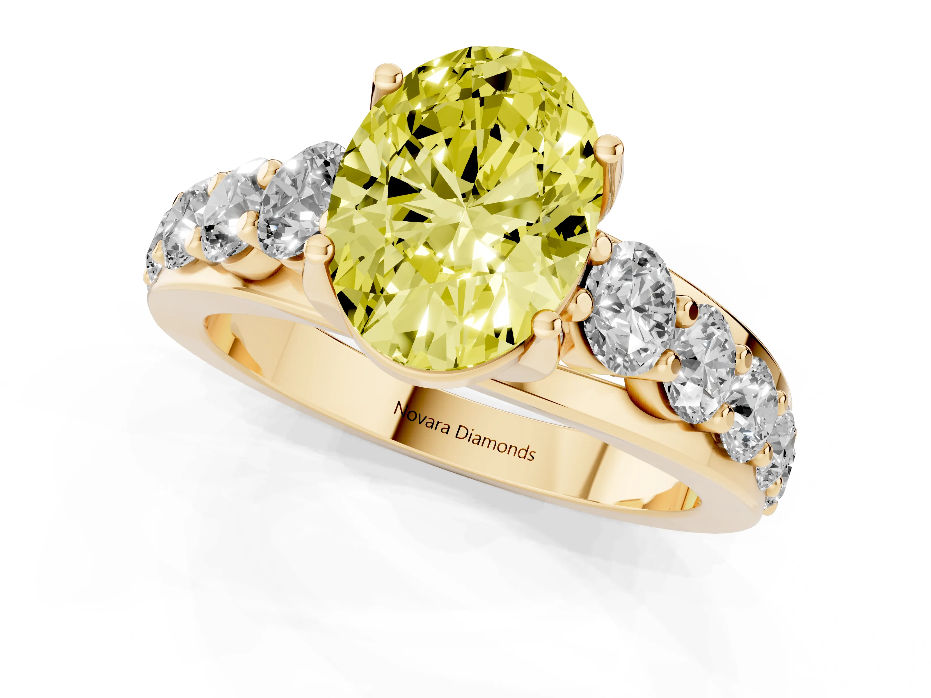 Fancy Yellow Oval Cut Diamond Pavé Engagement Ring Set in Yellow gold with Prong Setting