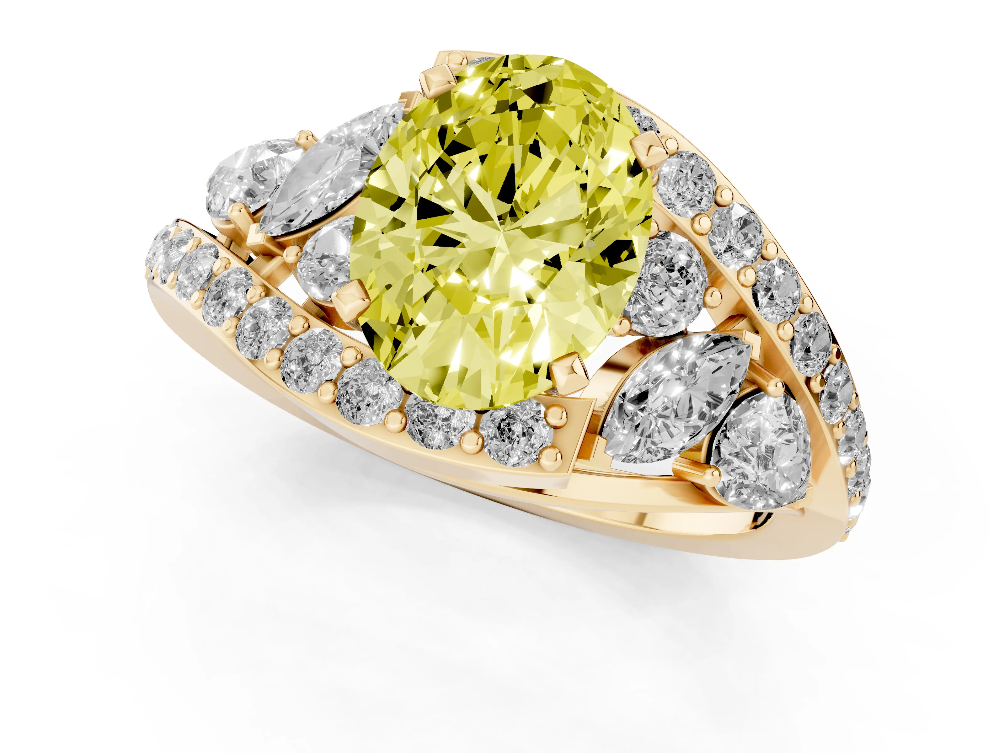 Fancy Yellow Oval Cut Diamond Halo Ring Set in Yellow gold with Marquise and Pavé Band in Prong Setting