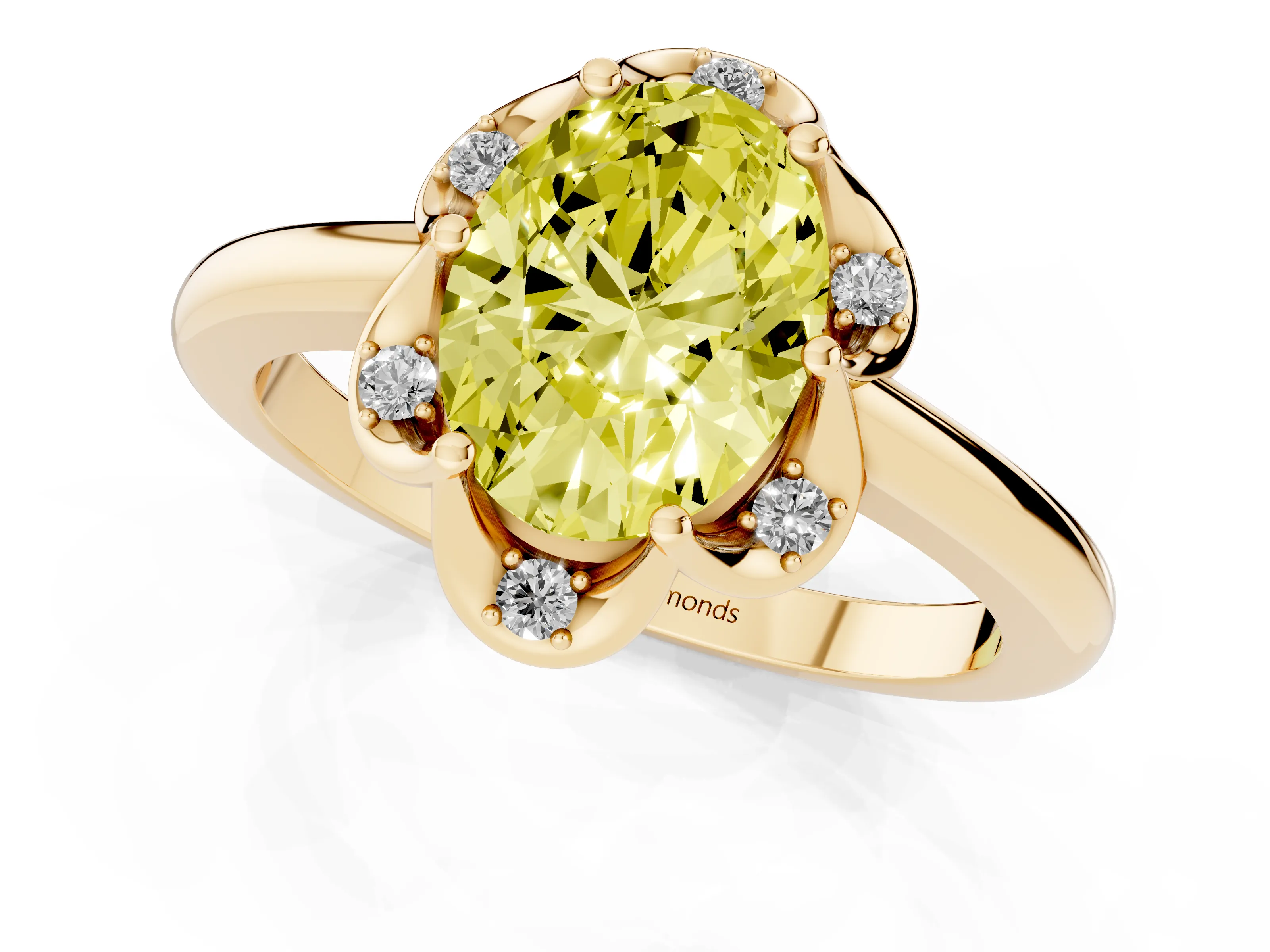 Fancy Yellow Oval Cut Diamond Round Cluster Halo Ring Set in Yellow gold with Solitaire Band and Prong Setting