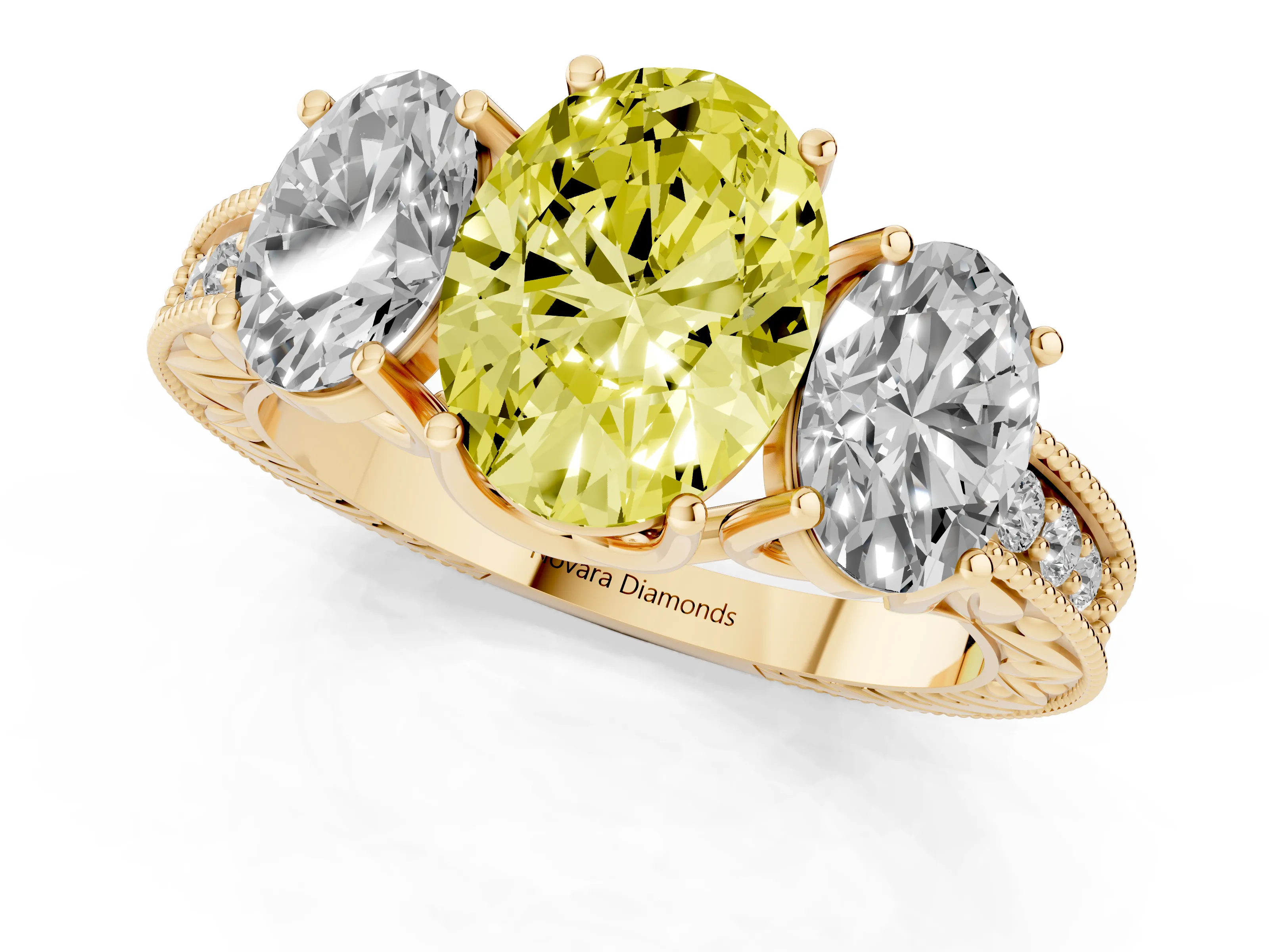 Fancy Yellow Oval Cut Diamond Three-Stone Engagement Ring Set in Yellow gold with Milgrain Pavé Band
