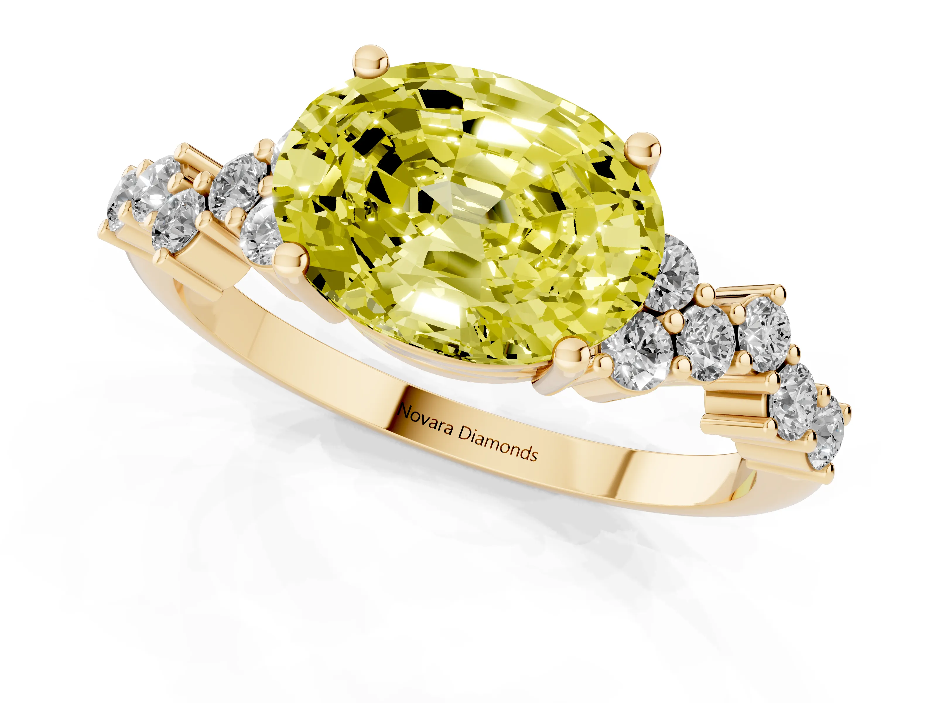 Fancy Yellow Oval Cut Diamond Ring Set in Yellow gold with Scattered Round Accents