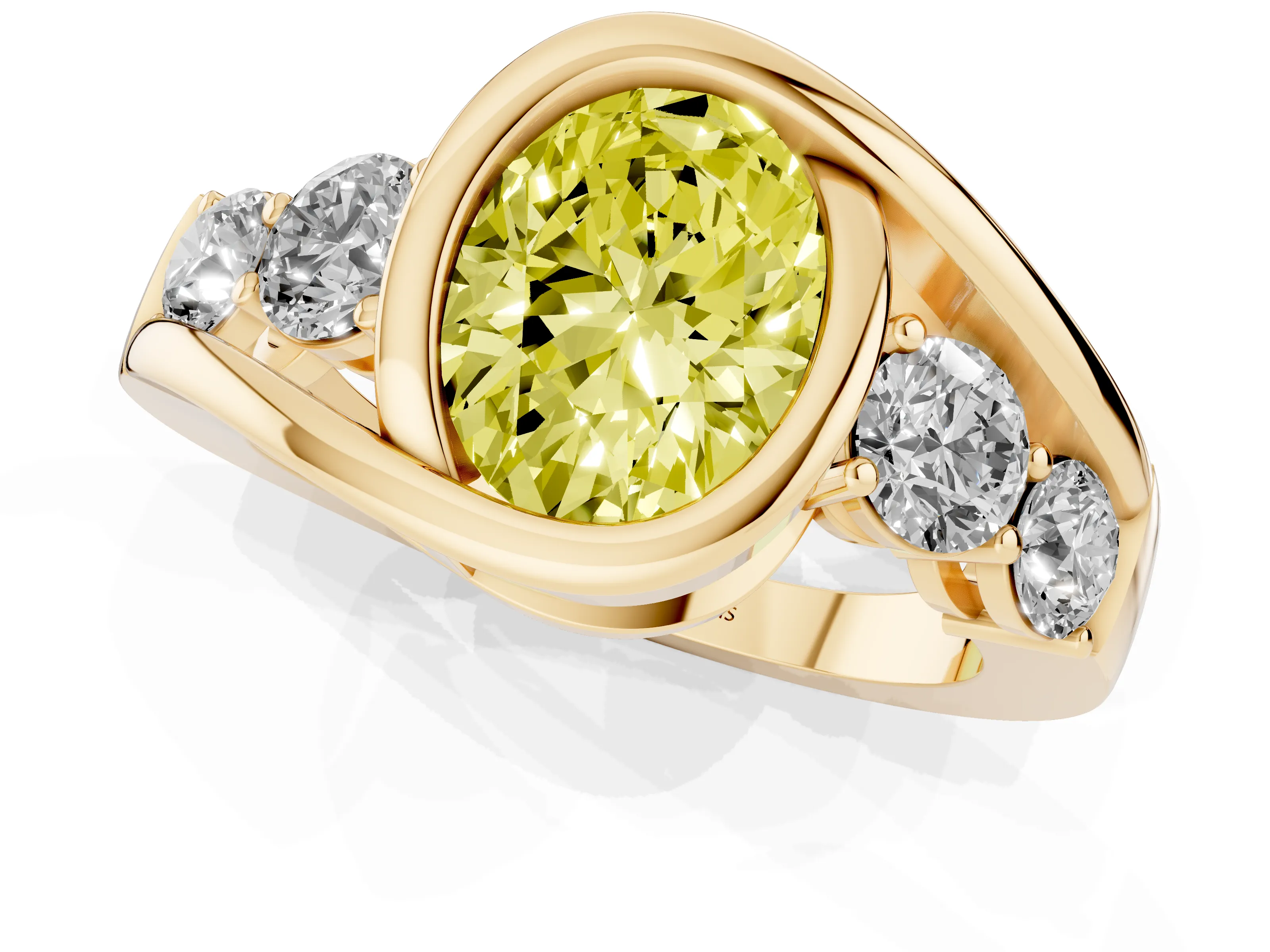 Fancy Yellow Oval Cut Diamond Bezel Bypass Ring Set in Yellow gold with Round Accents