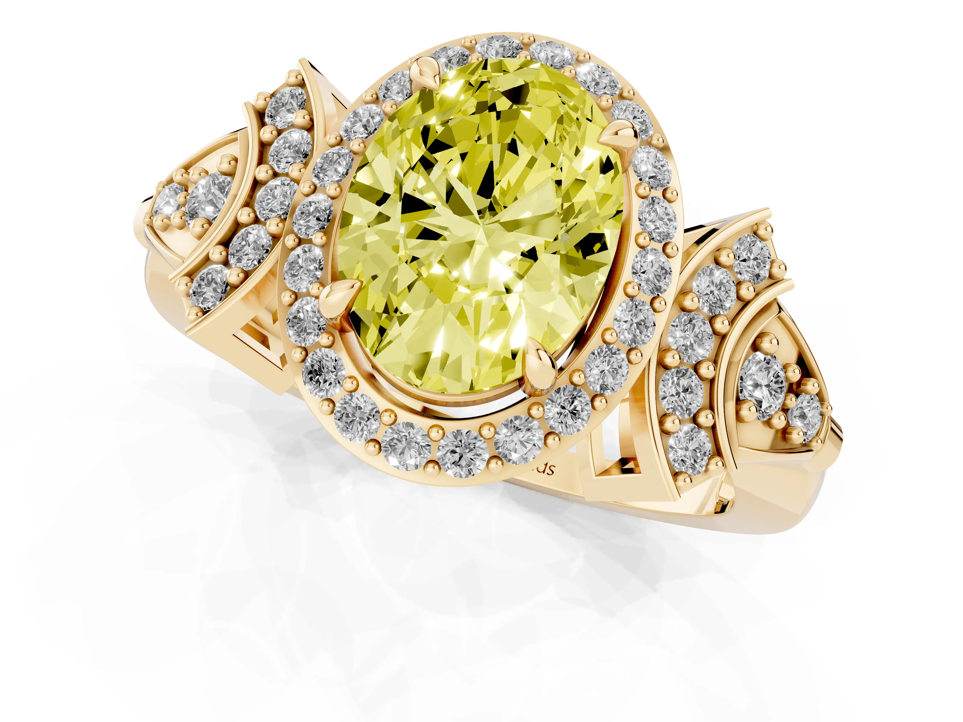 Fancy Yellow Oval Cut Diamond Halo Engagement Ring Set in Yellow gold with Accent Stone Split Shank