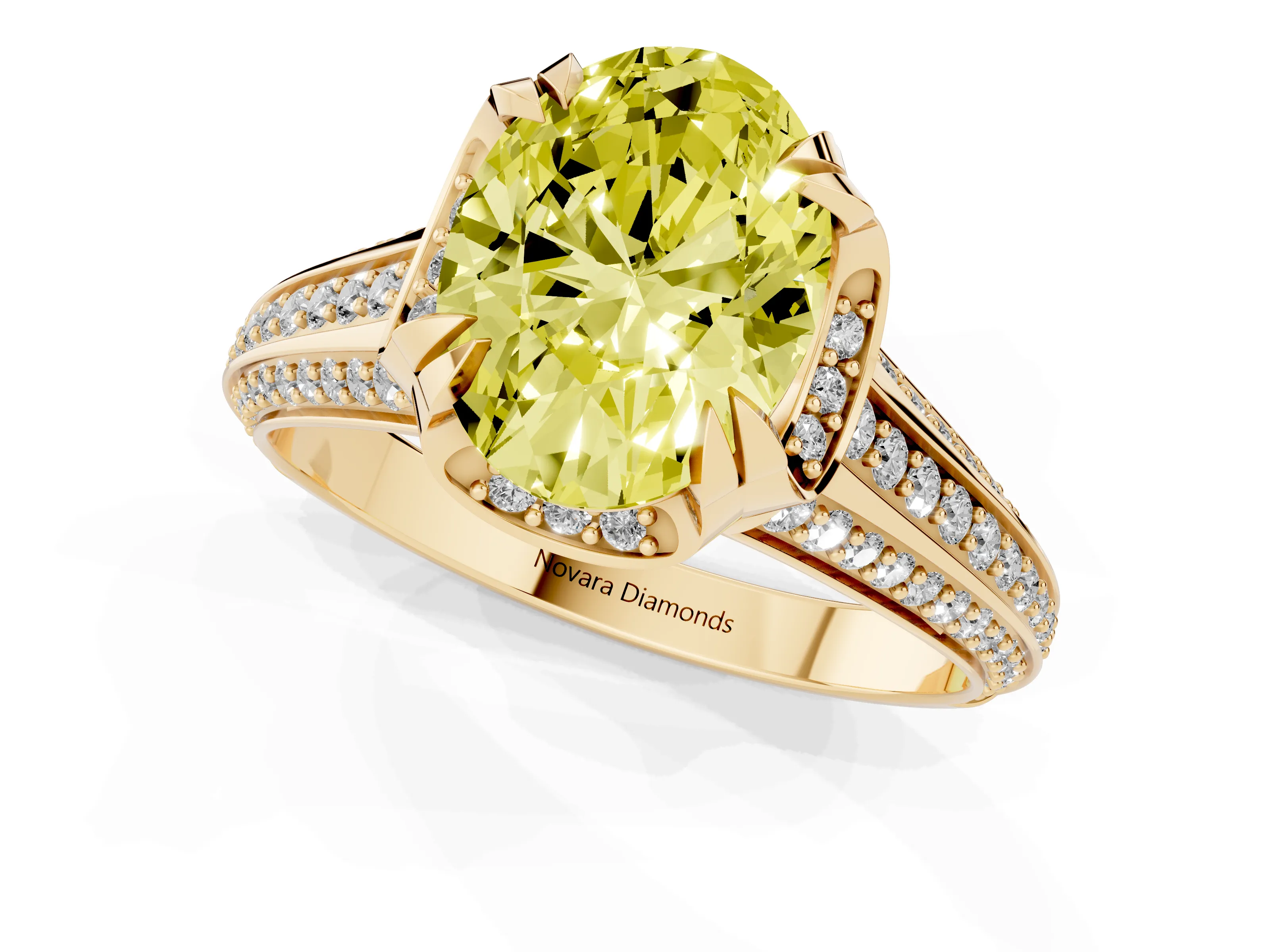 Fancy Yellow Oval Cut Diamond Pavé Split Shank Solitaire Ring Set in Yellow gold with Prong Setting
