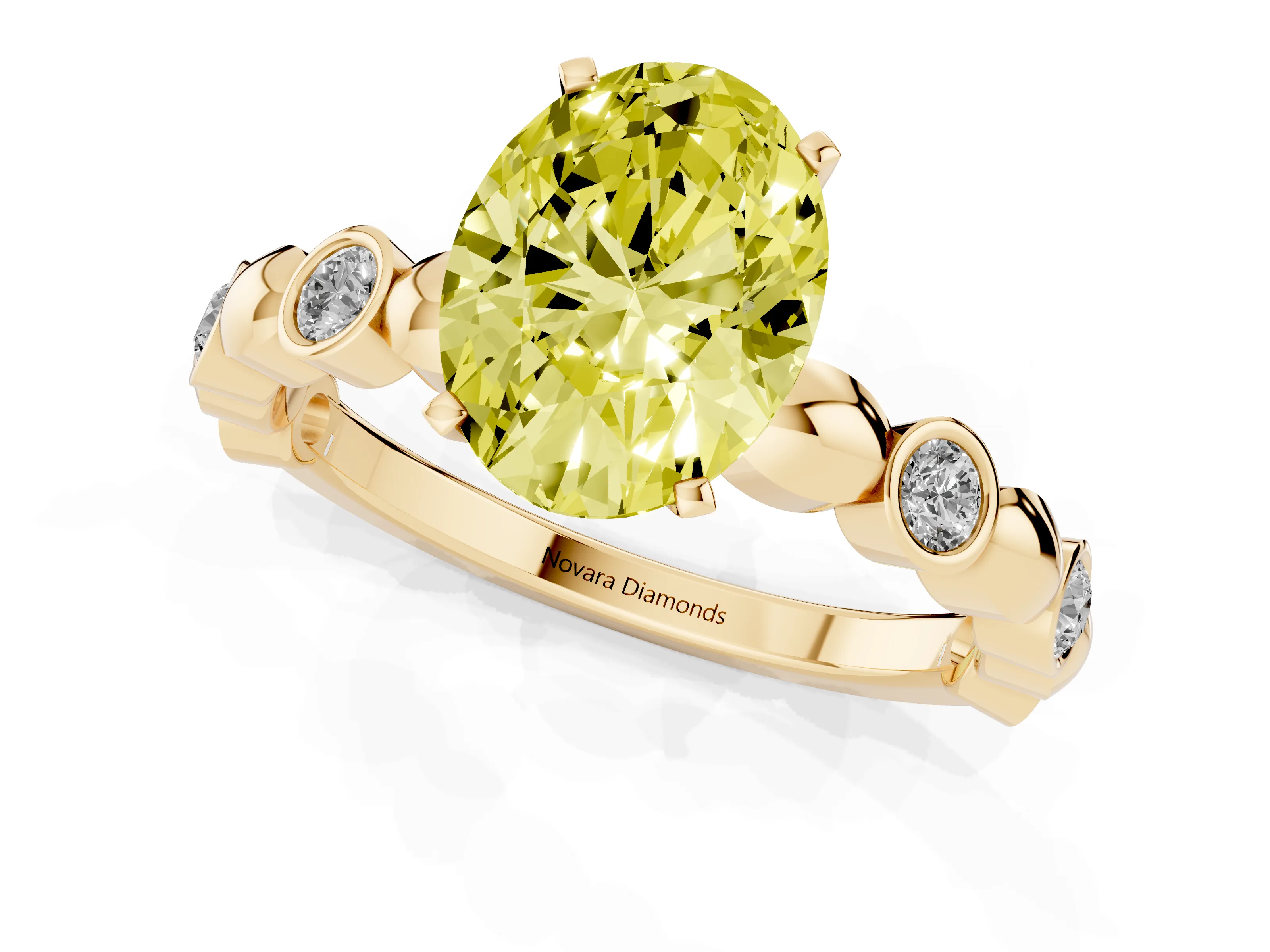 Fancy Yellow Oval Cut Diamond Solitaire Ring Set in Yellow gold with Bezel-Set Accents on Beaded Band and Prong Setting